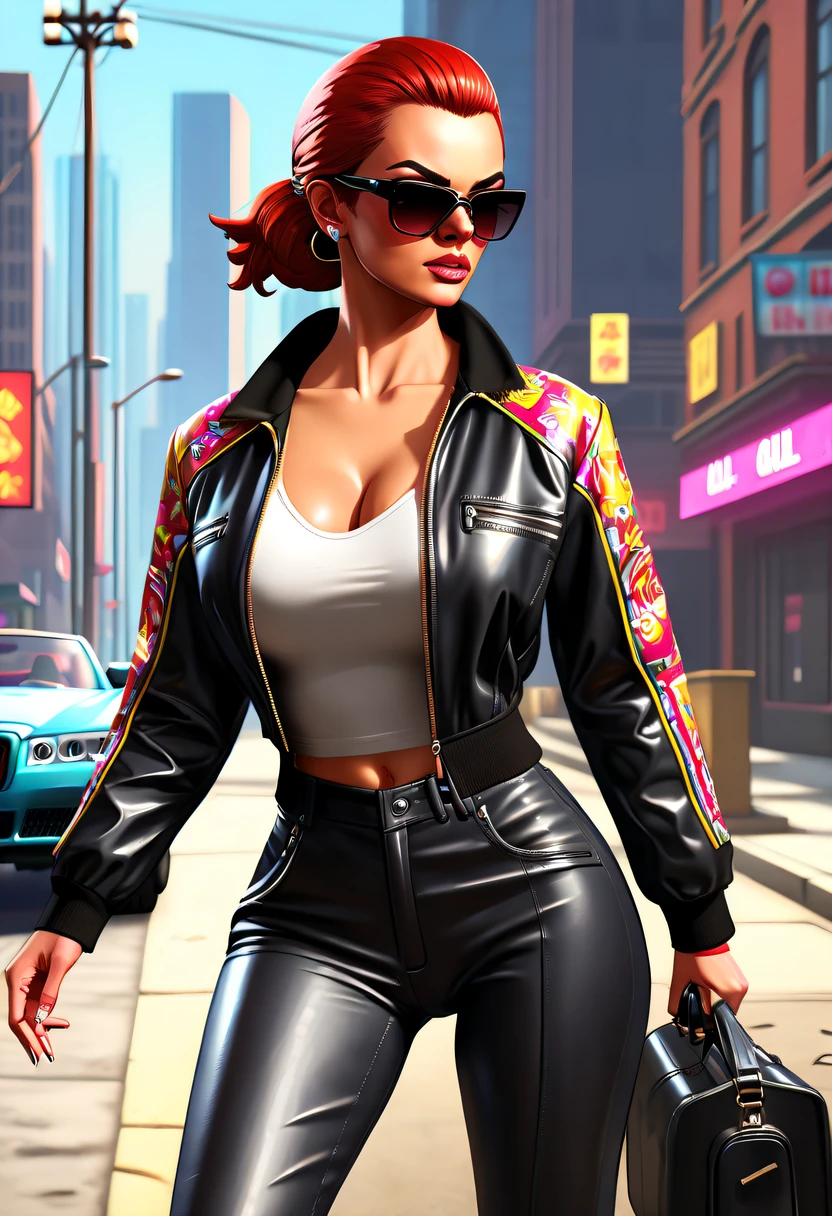 (Best quality,4K,8K,A high resolution,tmasterpiece:1.2), ultra - detailed, (actual,realistically,realisticlying:1.37), (GTA STYLE:1.5) femele'jaket, vibrant with colors, Shiny leather, meticulous stitching, Stylish design, Intricate patterns,  atmosphere, The streets are full of graffiti, Bustling cityscape, Luxury sports car, Powerful engine, high speed chase, neonlight, Character dynamic poses, Dramatic action, Fast-paced gameplay, intense emotions, Thrilling, cool sunglasses, impatient attitude.
