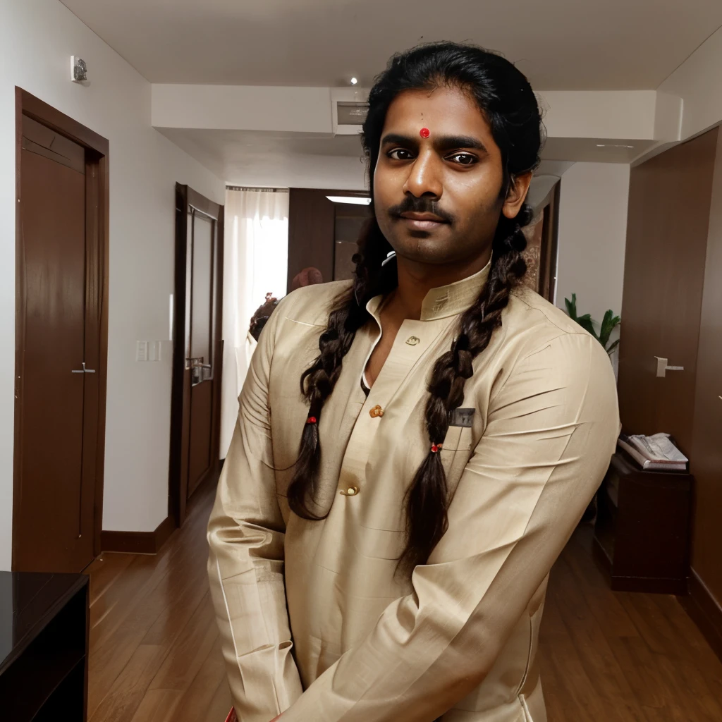 An Indian man with knee length extremely thick hair made into a sleek huge braid