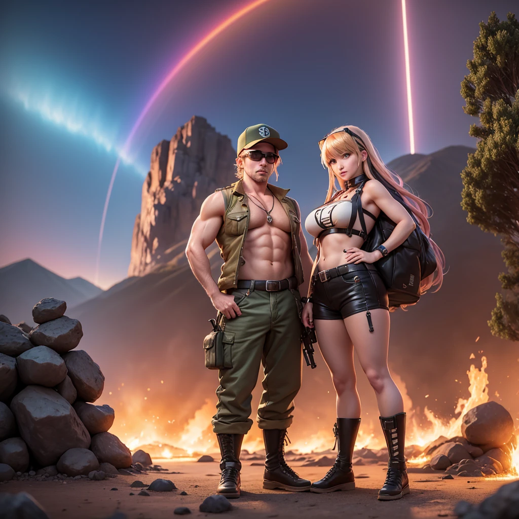 The MetalSlug game logo features a man and woman holding guns and an image of a tank.,Underneath it was the club name Yesss.,The background consists of a rainbow of sparkling aura lights. ,There are mountains in the background, with a darker glow everywhere.,oil painting,3D Image3D oil paint, very clear picture.,very realistic,wide shot,4D,4K
