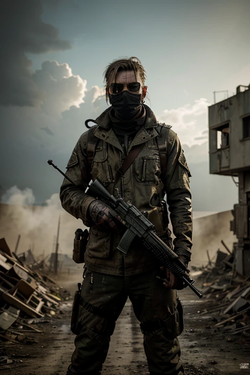 post apocalyptic military man with mask on and an Apocalyptica rifle in his hands. ((best quality)), ((masterpiece)), (detailed)