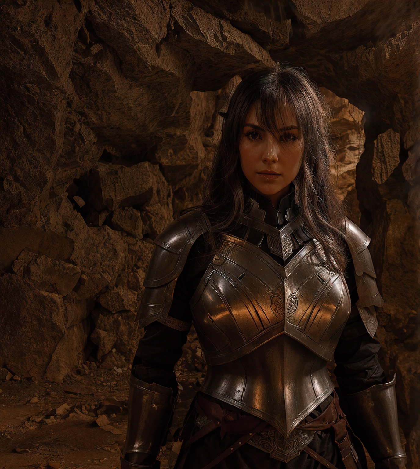 Here's a woman (dark elf) standing in armor in a cave, girl in knight armor,8k render, 真实感