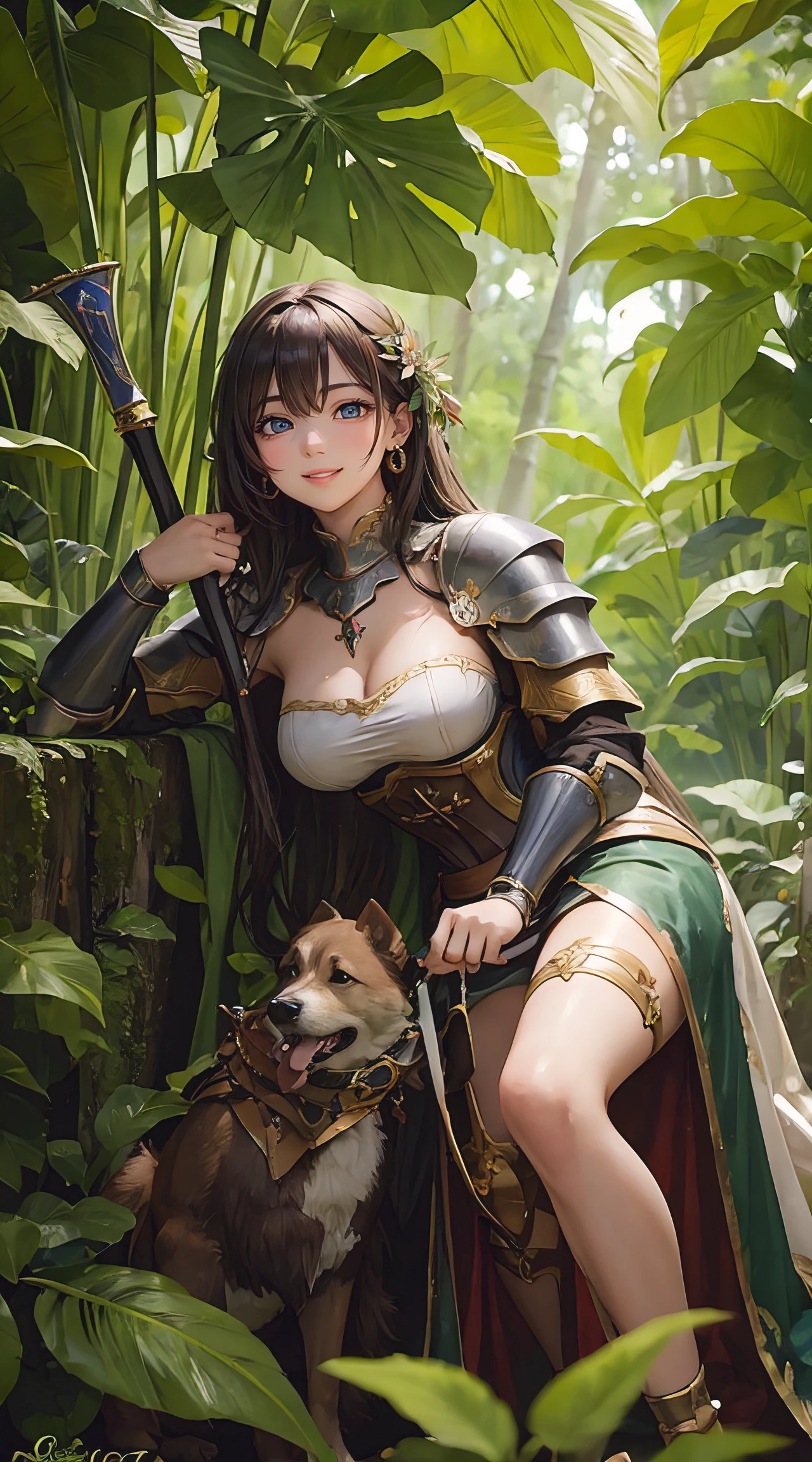 (best quality, masterpiece), 1 girl, perfect body, a woman dressed as a knight with his dog in a tropical forest, high quality, photorealistic, 8K