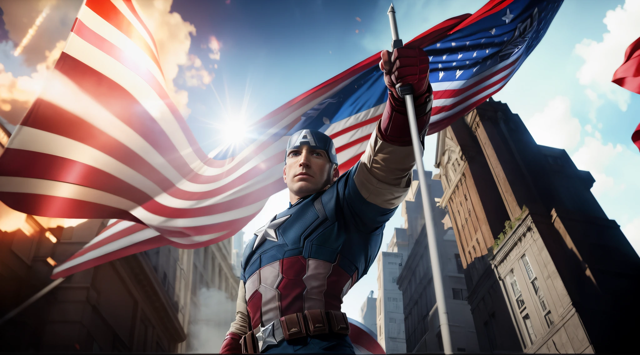Captain America holding a flag in front of a building, Captain America, portrait of captain america, joe biden as captain america, avatar aang as captain america, ps5 cinematic screen capture, Renderizado em 8 K Unreal Engine, walter white as captain america, feito em motor unreal, medium close - up ( Mcu ), Feito em Unreal Engine 5, Raytracing ultra fotorrealista