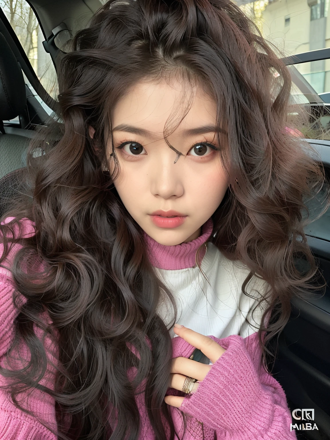 A closeup of a woman with long hair wearing a pink sweater, com longos cabelos cacheados, franja encaracolado, curly middle part haircut, long messy curly hair, Ulzzang, com cabelos longos e olhos penetrantes, com cabelos longos, Asian girl with long hair, cabelos ruivos cacheados, Ela parece uma mistura de Grimes, cabelos ondulados espalhados, Fotografia selfie 8k