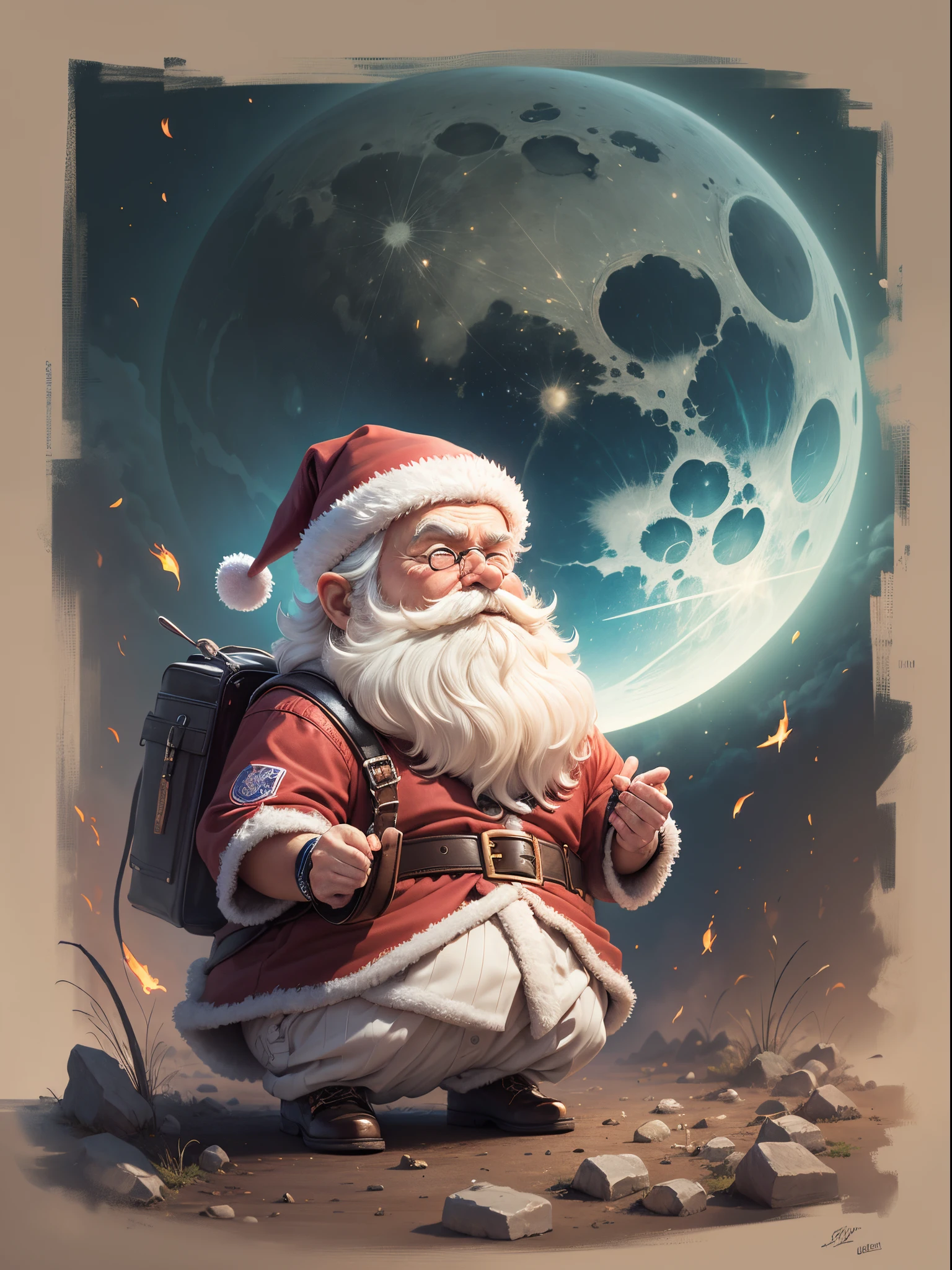 Q version of Santa Claus,Cute and cute,hunchback、chubbiness,Carry a large pocket,Throw one out,Map of Japan,Huge moon background,depth of fields,An artwork of,ultra - detailed,4K分辨率,high high quality,OC renderer,电影灯光,High picture detail,Detailed pubic hair,epic graphics