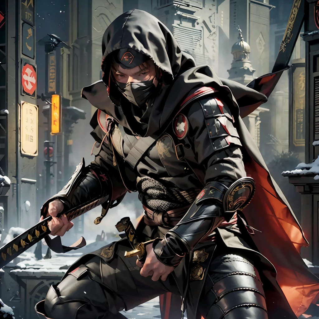 Best quality, Perfect masterpiece, Perfect art, 8K, 1 male human, super heroes, a black cloak, Black hood, natta, Katana on the back, Serious, Cold, lower back, At the top of the building, Vigilant, Well-trained physique, Ninja style
