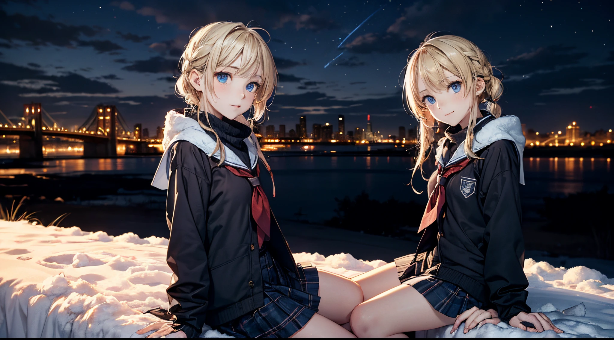 masutepiece,8K,octans, Skysky, stele(Skysky), landscapes, starrysky, natta, 1girl in, looks at the camera, piercing gaze, nigh sky, report, plein air, built, clouds, milkyway, sitting on, 城市, silhuette, Cityscape,(Short, Low twin-tailed blonde hair:1.2), (Deep Blue Eyes:1.iercing gaze, small smile, (winter school uniform:1.1)