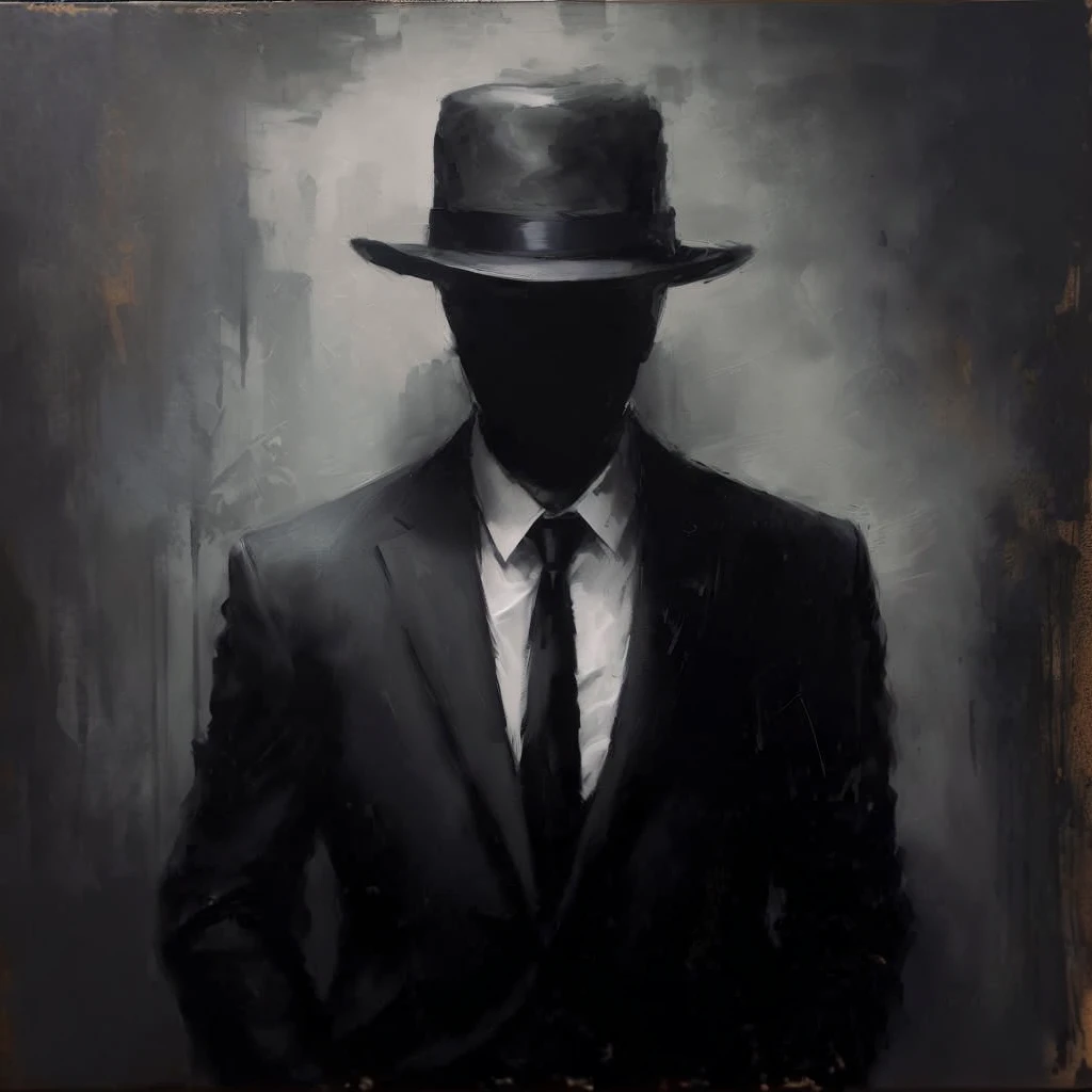 painting of a man in a suit and tie with a hat, mysterious man, a suited man in a hat, man in black, shadowy informant, noir detective and a fedora, dark hat, drawn in a neo - noir style, shadowy and eerie character, faceless people dark, mysterious portrait, man in black suit, suit and tie, dark suit