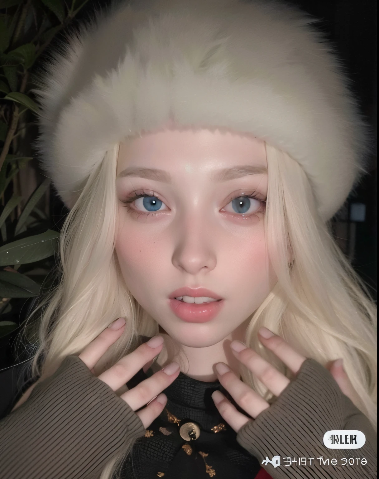 blonde girl in white fur hat and gloves posing for a photo, albino white pale skin, pale porcelain white skin, pale snow white skin, her face looks like an orchid, pale fair skin!!, porcelain pale skin, very very very pale white skin, very very pale white skin, very very very pale skin, extremely pale white skin, cabelos loiros e olhos grandes