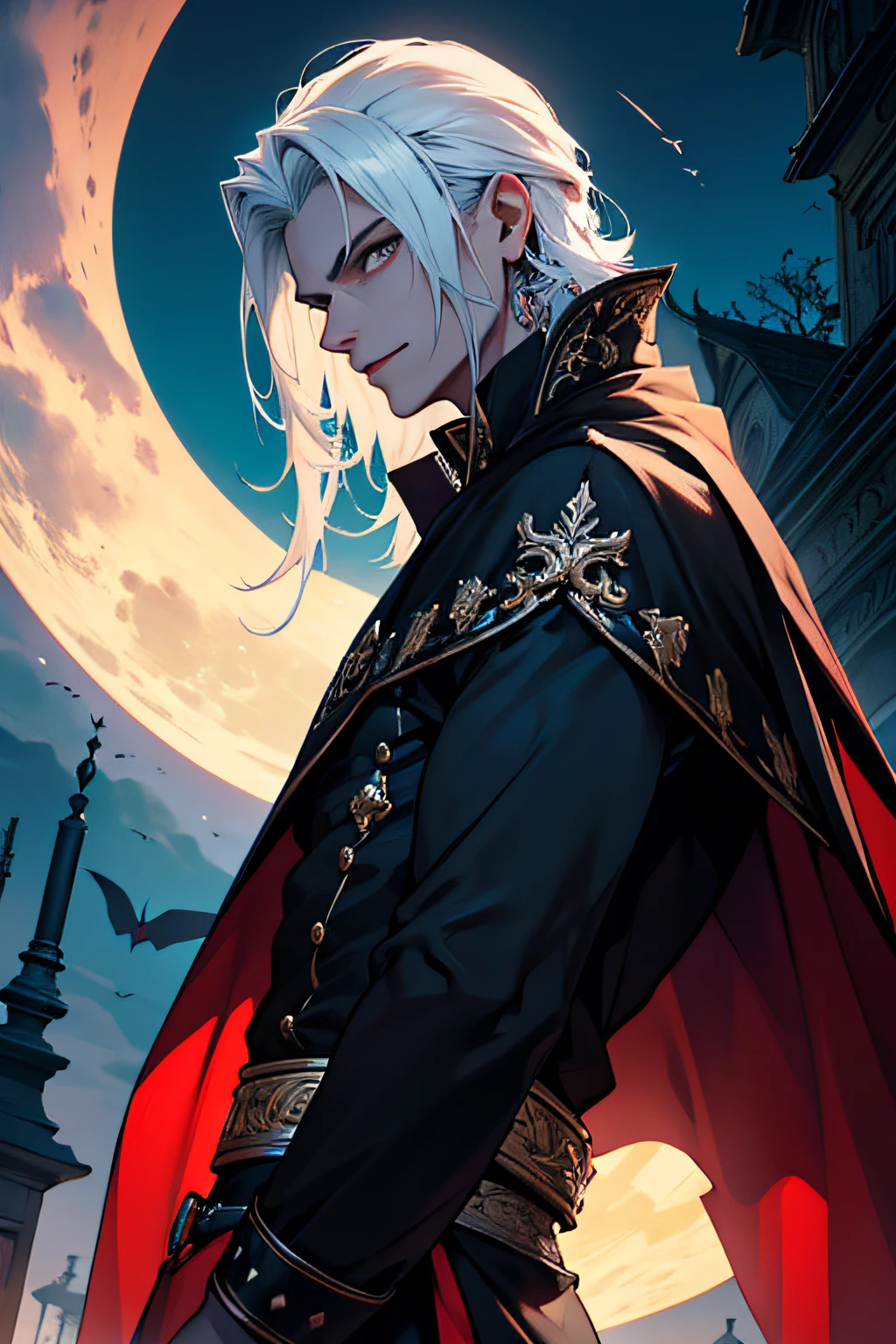 sou um belo vampiro de cabelos curtos brancos, com olhos azuis vibrantes, vestindo trajes formais pretos e azul com a lua atras dele