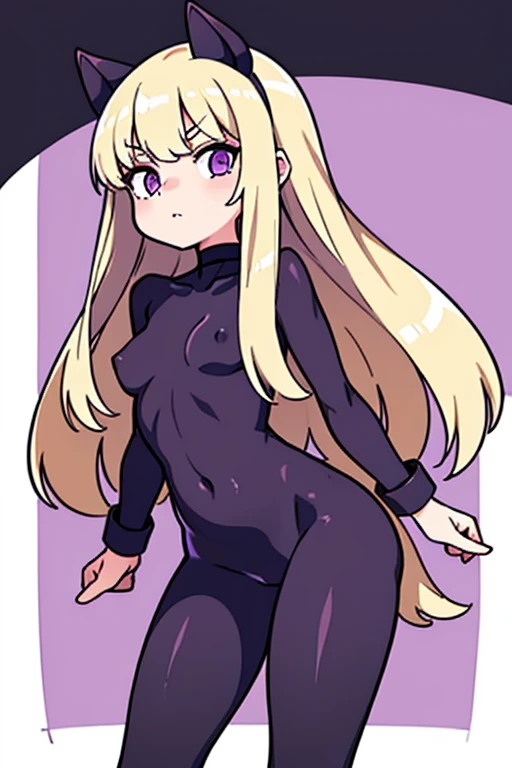 (best quality), (flat shading style 2), 1girl, white blank background, looking at viewer, full body, blonde, purple and black bodysuit with thick vertical stripes, standing, wide hips, long legs