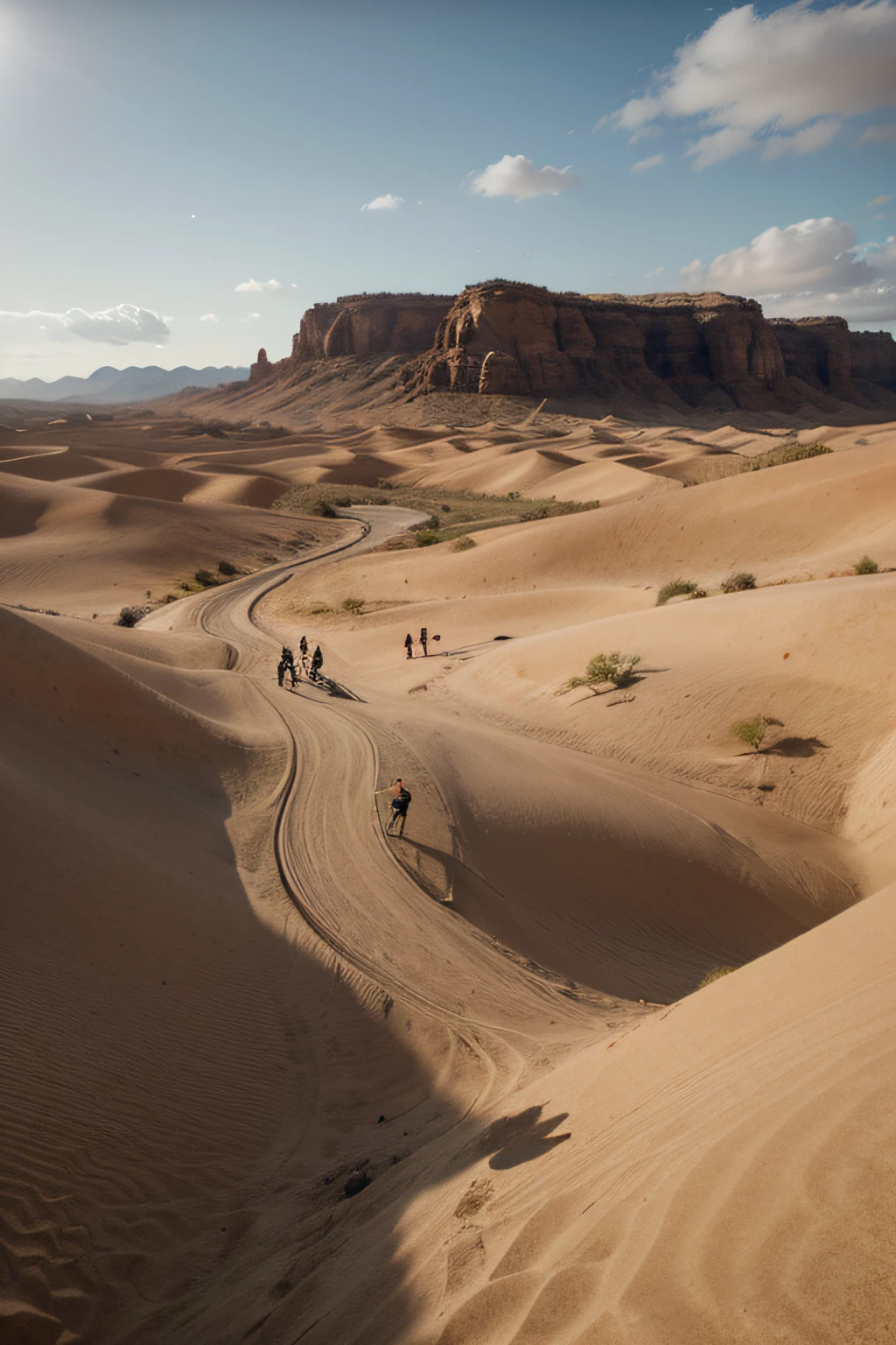 (8k, best quality, masterpiece:1.2), (sfw:1.3), (realistic, ) Title: "Journey Across the Ancient Sands"

Description: Embark on an epic adventure across a vast and mystical sand valley, accompanied by three individuals from different stages of life. This photorealistic and highly detailed painting will capture the awe-inspiring landscape, the intricate beauty of various dragon species, and the contrasting journeys of the characters.

Key Elements:
1. Sand Valley Landscape: Create a mesmerizing backdrop of towering sand dunes, vast open spaces, and an expansive sky that stretches to the horizon. Render the flowing curves and intricate textures of the desert sand, conveying its shifting nature.
2. Dragon Varieties: Depict a range of dragon species soaring above the sand valley. From majestic fire-breathing dragons to serpentine water dragons, bring each creature to life with meticulous attention to detail, capturing their unique scales, wings, and expressions.
3. Aged Wanderer: Portray an elderly man with a long and weathered beard, leaning on a staff for support as he crosses the desert. Illustrate the wisdom etched on his face, accentuating every wrinkle and strand of his long beard, symbolizing his experience and resilience.
4. Young Adventurers: Depict two young men with a sense of determination and anticipation for what lies ahead. Render their youthful features with photorealistic precision, capturing their expressions, vibrant eyes, and the subtle nuances of their skin.
5. Travel Attire: Dress each character in appropriate attire suited for their respective roles. Outfit the elderly man in tattered yet robust clothing, incorporating symbols that hint at his extensive travels. Dress the young adventurers in practical yet stylish gear suitable for traversing the desert landscape.
6. Lighting and Atmosphere: Utilize a warm and dramatic lighting scheme that emulates the shifting sunlight characteristic of a desert environment. Capture the interplay of light and shadow on the sand dunes and characters, enhancing the cinematic quality and realism.
7. Multispecies Interaction: Show interaction between the characters and the dragons, portraying a sense of awe and respect. Depict the dragons flying above, casting dynamic shadows and illuminating the scene with vibrant colors.
8. Facial Expressions: Convey the emotions and determination of the characters through their facial expressions. Capture the seasoned wisdom on the older man's face, the excitement and curiosity on the younger men, and the sense of adventure that unites them all.
9. Fine Textures: Render the intricate textures throughout the painting, from the rough and windswept sand dunes to the delicate scales of the dragons. Pay meticulous attention to detail, bringing forth the realistic tactile quality of each element.
10. Depth and Scale: Emphasize the vastness of the sand valley by integrating various elements that showcase depth and scale, such as distant mountains, distant dragon horizons, and the ribbon-like trails left by the dragons' flight paths.

With photorealistic precision, cinematic lighting, and attention to detail, this painting will transport viewers into a world where dragons soar over an ancient sand valley and three individuals traverse the landscape, unifying the old and the young, and embarking on a shared adventure across a mesmerizing and unforgettable realm.