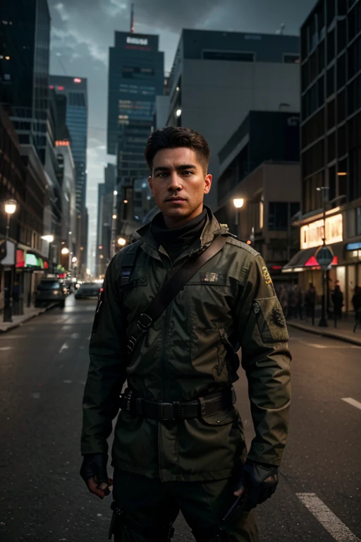 An incredibly detailed and hyper-realistic photograph featuring a Military Man with his rifle and military uniform in a future cityscape. He is depicted in a dynamic pose, standing on the city street and strikingly detailed, symmetrical brown eyes. The photograph captures an apocalyptic ambiance with exquisite attention to detail. Shot with a 30-megapixel Canon EOS 5D Mark IV DSLR camera using a crisp 85mm lens at f/8, ISO 100, and a shutter speed of 1/125, it boasts a long exposure time and diffuse-backlighting technique. This piece has earned recognition in the world of photography and showcases facial symmetry, depth of field, and ultra-high-definition quality at 8k resolution. The rendering utilizes Unreal Engine 5, delivering an ultra-sharp focus, and it has been rewarded for its excellence