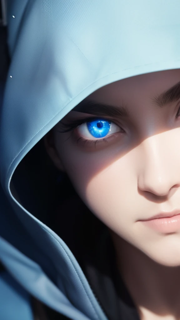 close-up of a man in a hood and blue eyes, face of an armored villian, Detailed android face, In the anime movie Ergo Proxy, Anime for GITS, in the anime series ergo proxy, character art closeup, elven character with smirk, Attractive sci-fi face, screenshot from the anime film