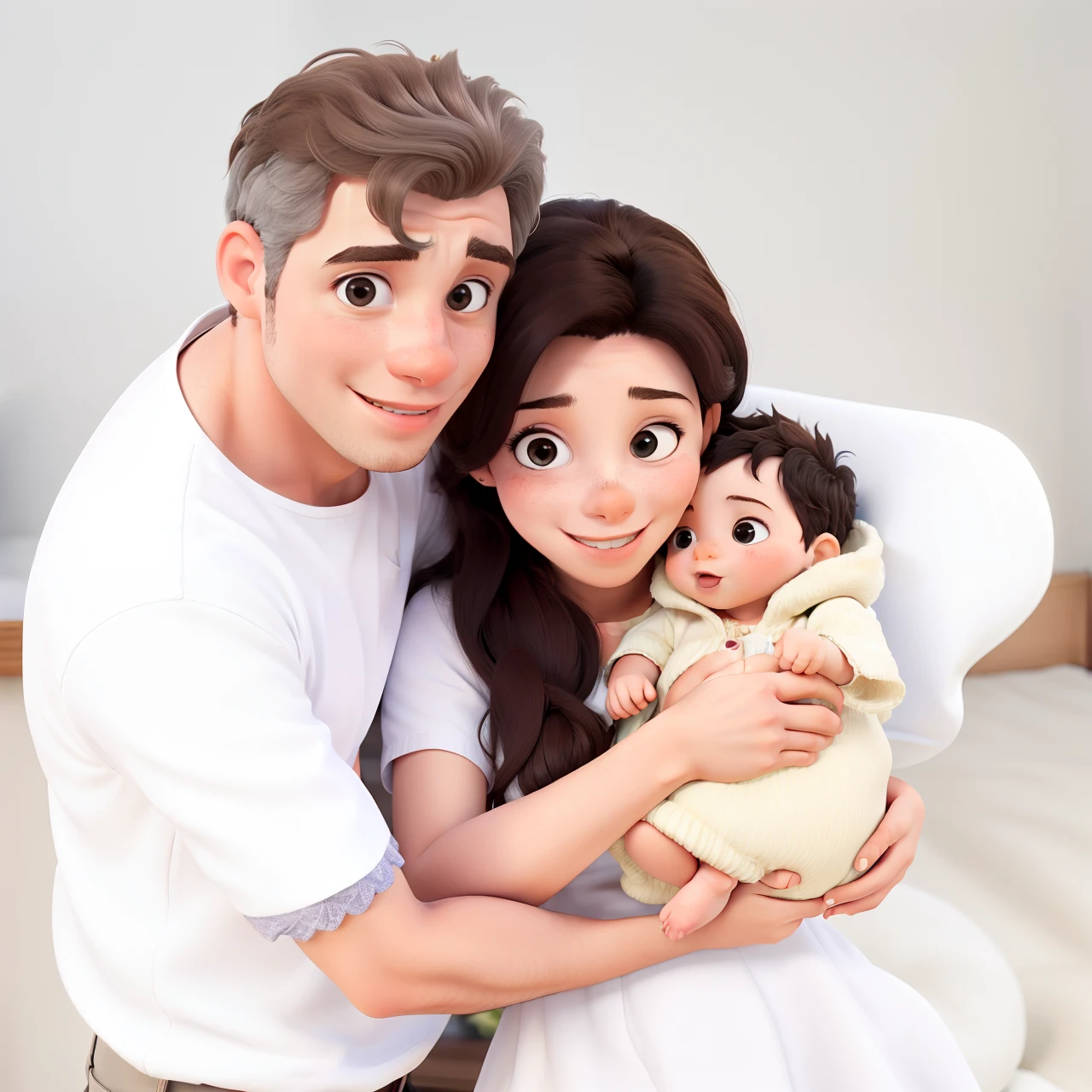 Obra-prima, de melhor qualidade, A couple with a baby , wearing white clothes and holding each other