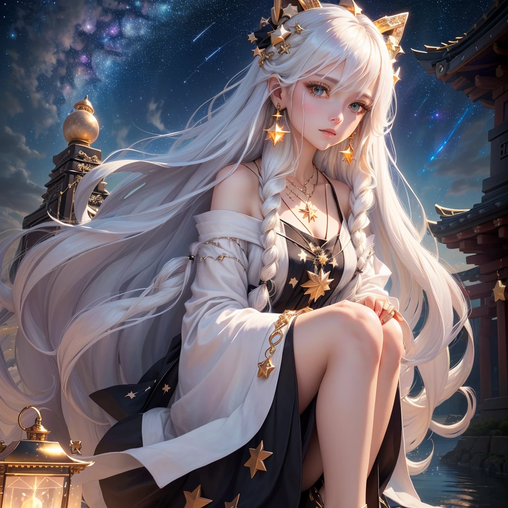 The hair between the eyes, The stars\(signatures\), Long white hair, bright eyes, Jewelry necklace earrings, witch woman, through banglack shoes, scenery, nearby sky, The stars\（sky sky）， starry sky , natta, clouds, water magic, a girl in a shrine, beautiful golden crystal star)