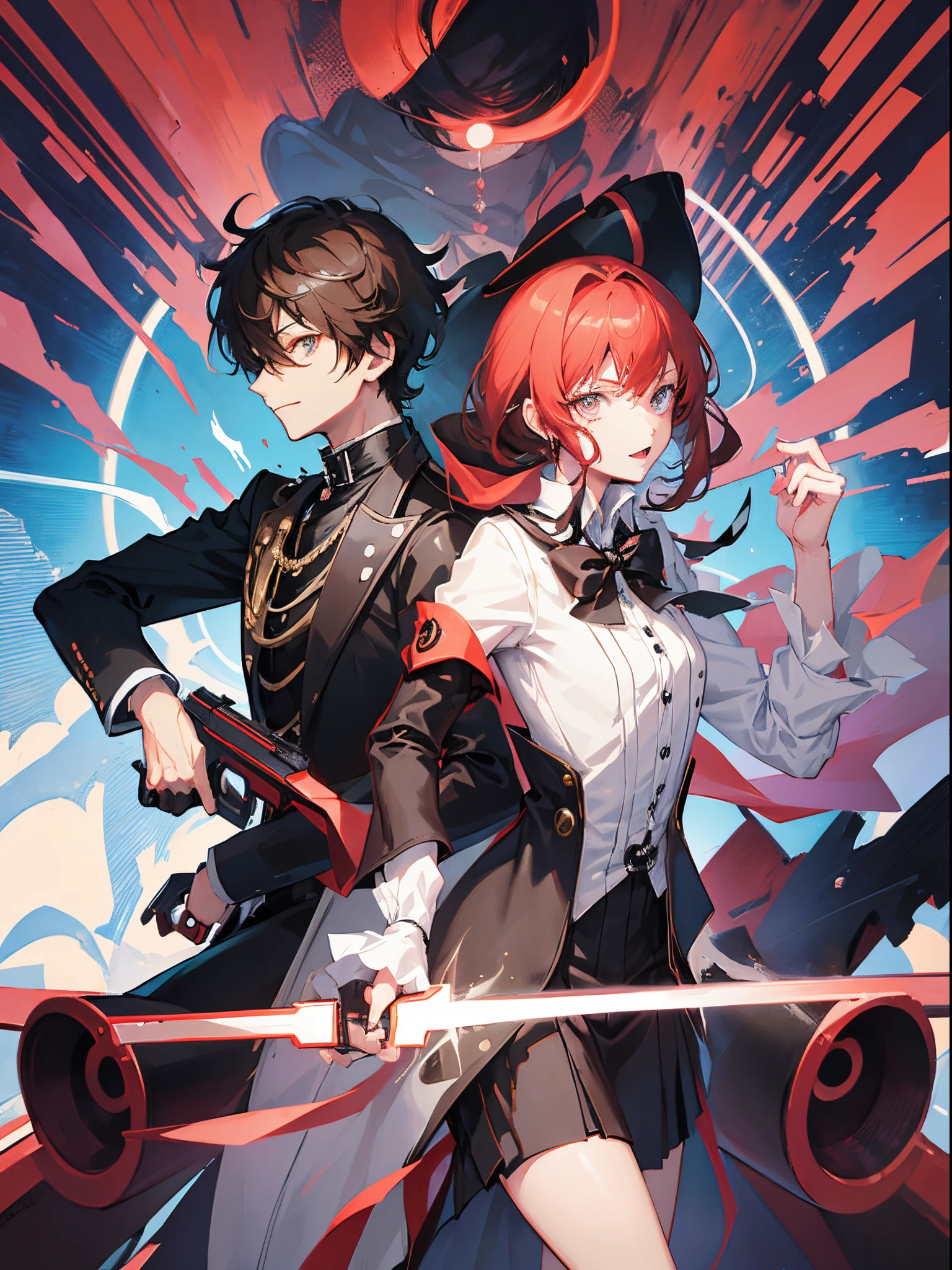 1 boy 1 girl, anime character dressed in a black suit, steampunk-y suit, 2 d anime style, 2 d anime, tall anime guy with brown hair wielding a gun, with his red haired female puppet sidekick wielding a sword, persona 5 phantom thief style, 2 d art, 2d art, shigenori soejima illustration, yu - no, male anime character, he wearing a top hat, persona art style, zerochan, zerochan art, smiling