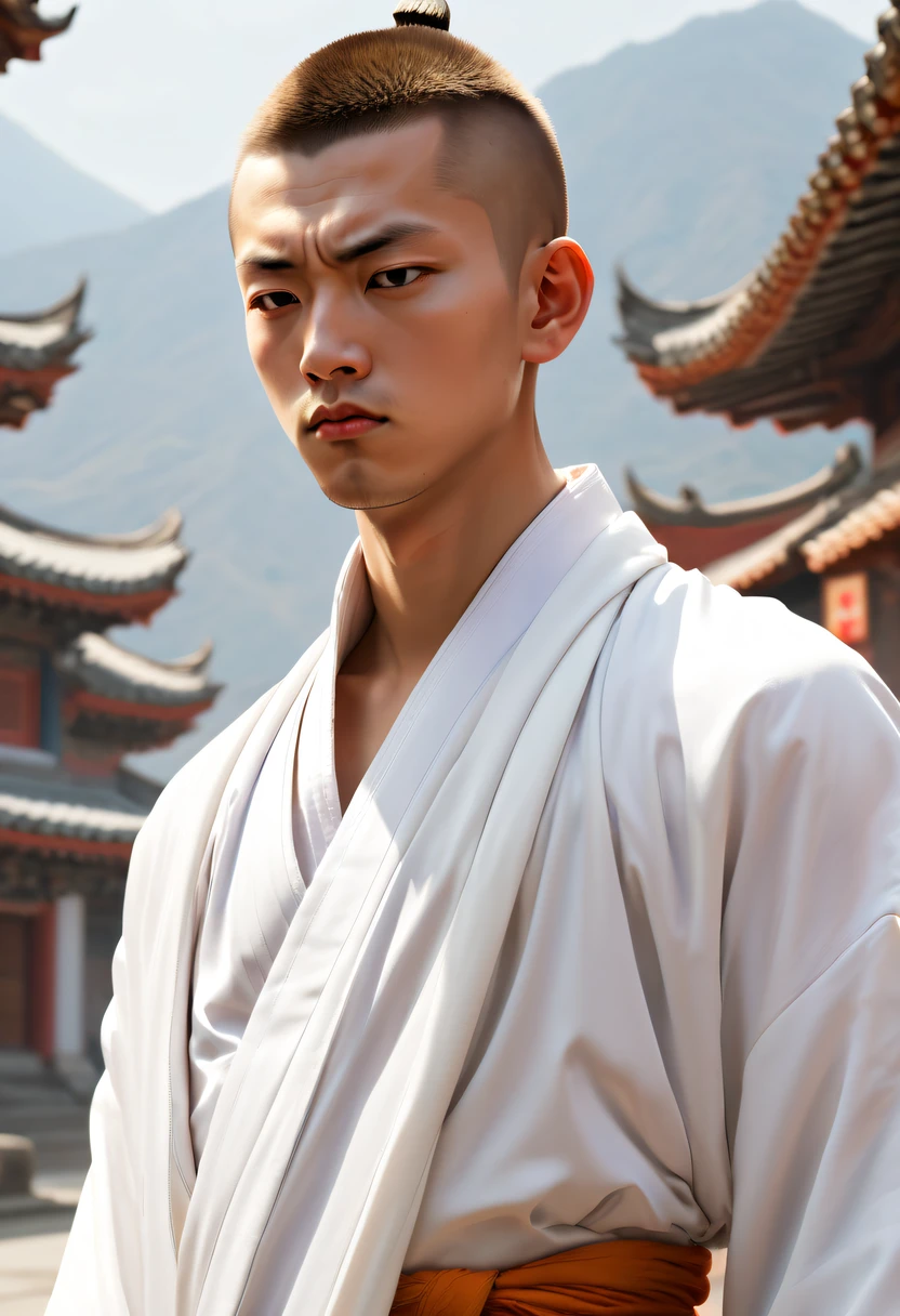 (GTA STYLE:1.ung monk wearing white robe,in the wind,cool guy