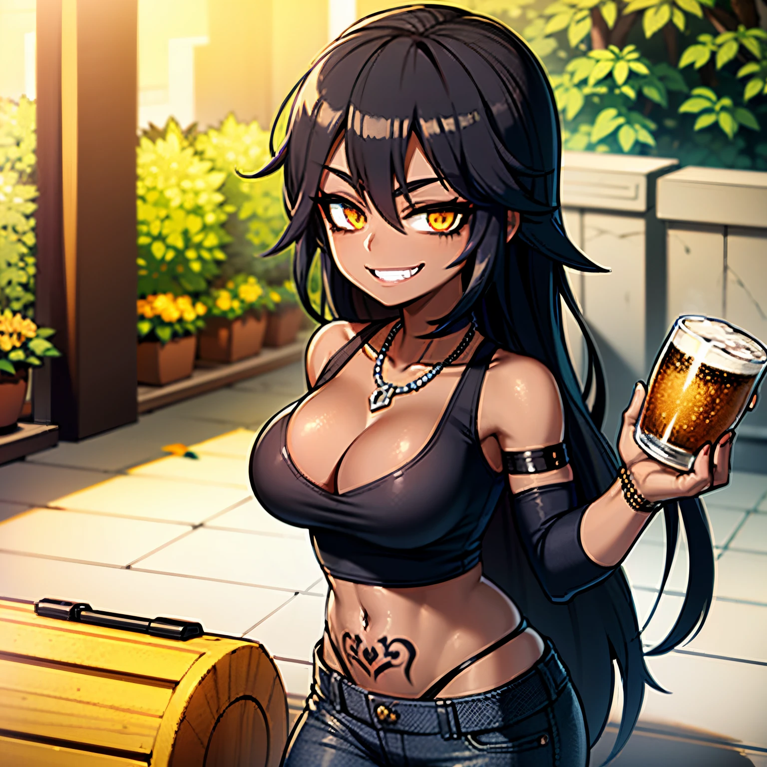 Young woman, black skin, tattoed body, balcl tattos, wearing black shirt, jeans pants, holding beer, in the streets, smiling, day, sunshine, 4k, masterpiece