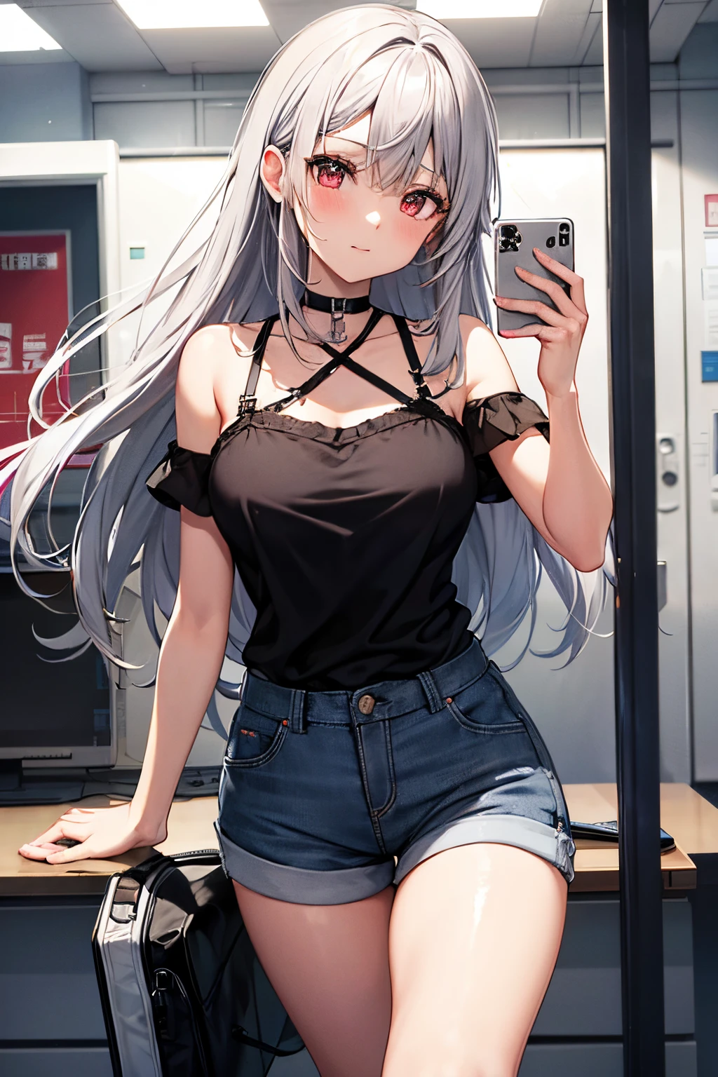 Beautiful gray hair、Beautiful red eyes、Longhaire、Tube Top、shortpants、a choker、Selfie wind