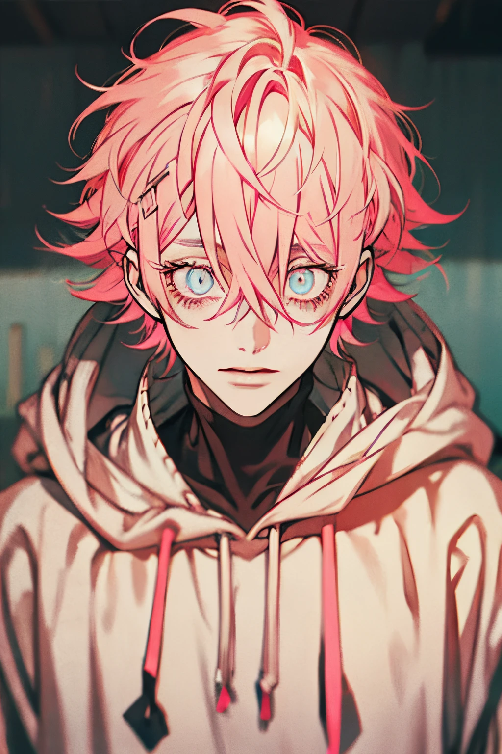 Boy with pink hair, hoodie, skate, messy hair, (eyes:1.5)