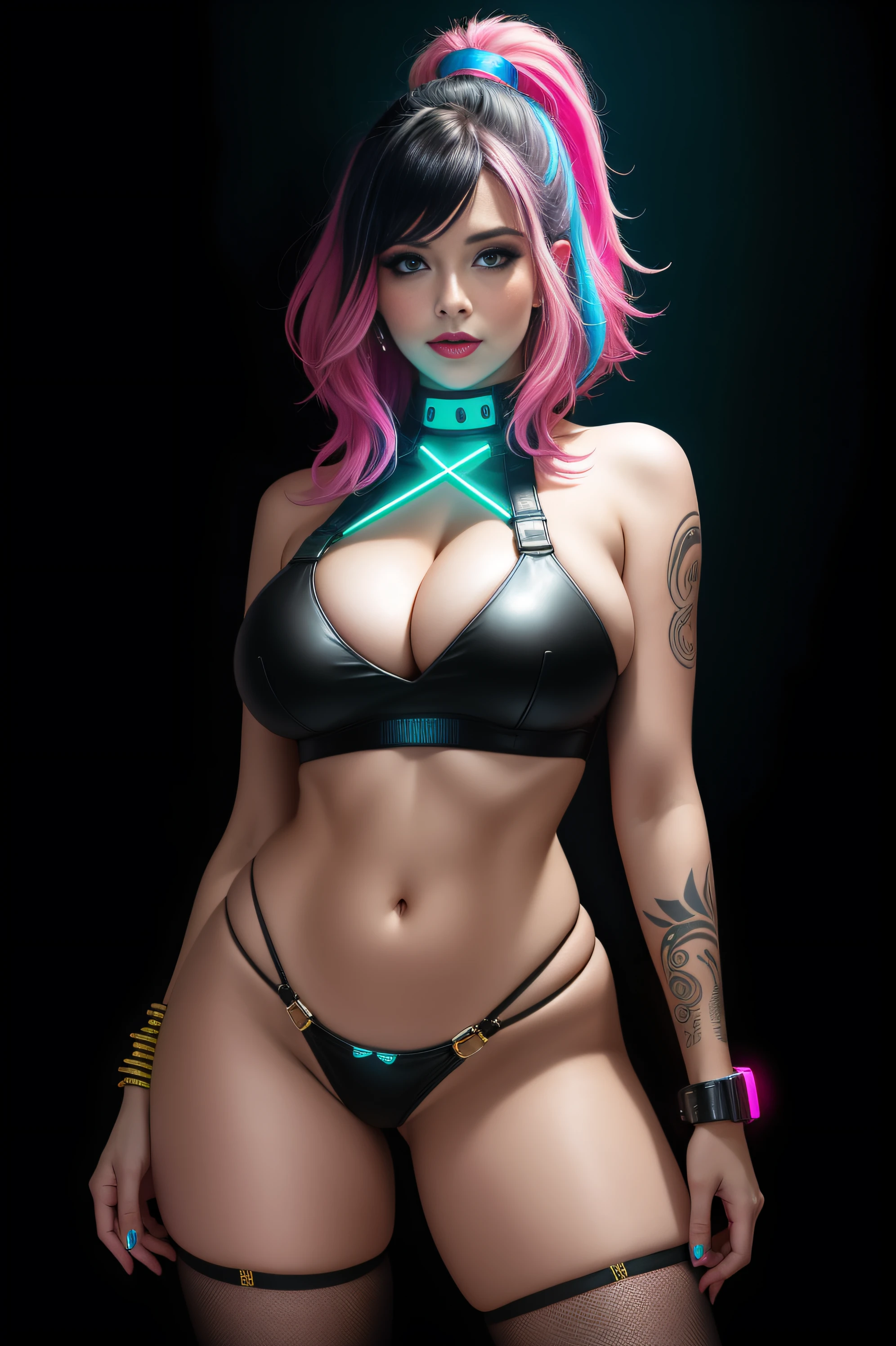 there Holly Willoughby standing, neon hair, 3 d neon art of a womans body, neon-noir background, cyberpunk femme fatale, seductive cyberpunk dark fantasy, cyberpunk strip clubs, cyberpunk 20 y. o model girl, oppai cyberpunk, banner, high definition cgsociety, cgsociety masterpiece, trending on cgstation, kda, random hair, looking at camera, gigantic breasts, cleavage, (high detailed skin:1.2), 8k uhd, dslr, super lighting, high quality, film grain, high res, highly detailed, hyper realistic, beautiful face, beautiful body, beautiful eyes nose lips, alluring expression, very bold, upper boobs visible, full body photo, standing legs apart, pale translucent glowing skin, most beautiful face, cute, (well defined pubic hair:1.2)), (dark plain black background:1.4))