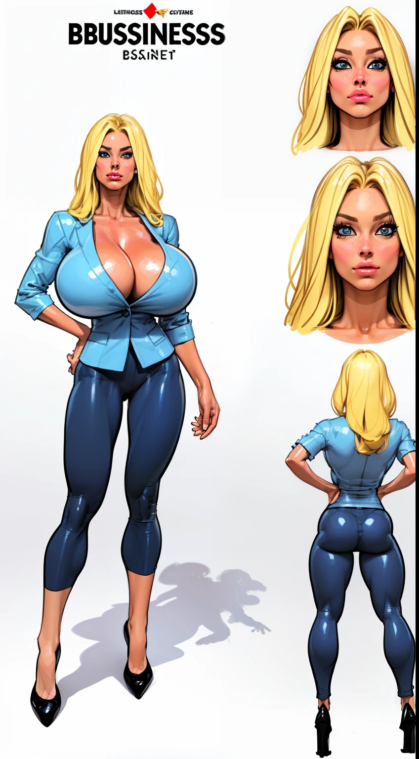 ((masterpiece)),(((best quality))), ((character design sheet:1.4)), ((full body view)) illustration,1girl, muscular, (( dark business suit:1.5)), bubbles, ((hair combed to side:1.4)), ((light blonde hair:1.4)), blue suit ((detailed face:1.4)) ((gigantic breasts:1.6)), (latex pants), ((cleavage)), beautiful woman, shiny skin, (thick legs), scribbles and marks, rough sketches, pose, 8k,16k, ( background, white background: 1.3)