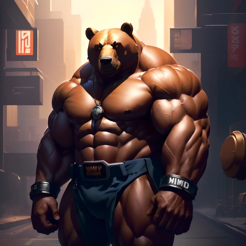 Alone, male people, (((Muscular, ,Thick thighs,A lot of public, humongous large breast, Strong, humongous large breast, sixpack abs, immensity, biceps, chest muscle))), Eternal, brown bear, large bulge, Cargo shorts, by bebebebebe, by dark gem, by mystikfox61, alleys