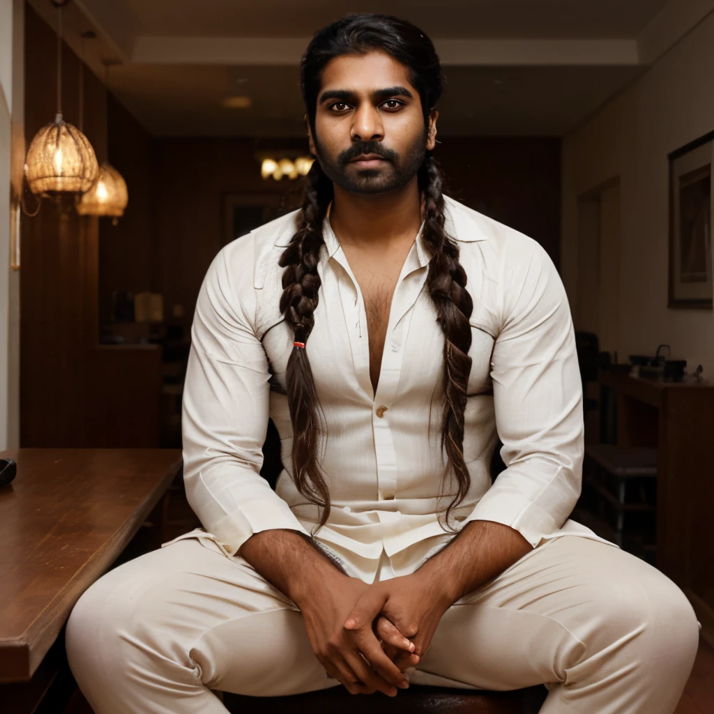 A fair and handsome Indian man with knee length extremely thick hair made into a sleek huge braid