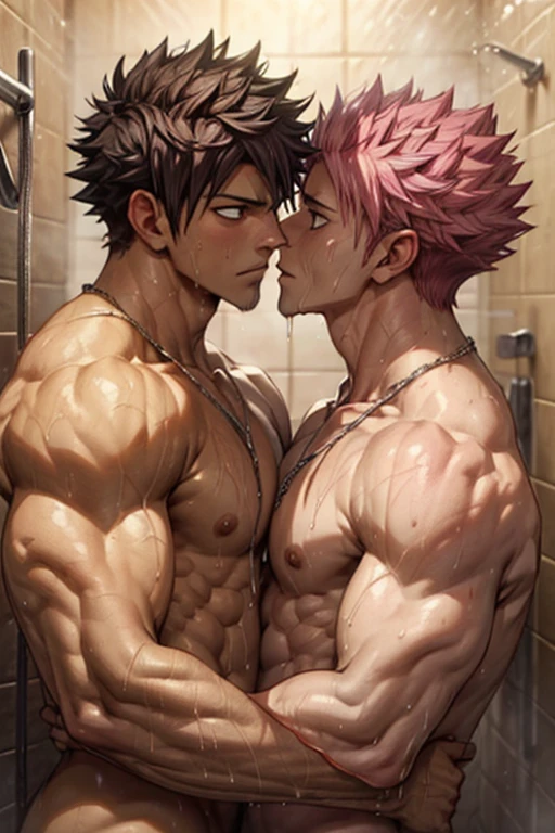 2boys kissing, (Natsu Dragneel) and (Gray Fullbuster), masterpiece, best quality, shirtless slim lean  boys young adults in a shower with steam. The men are muscular lean slim and well built, with shiny bodies and defined muscles. The men are naked completely, ((naked)). The men are wearing a necklace, and dripping wet and soggy in a shower. sexy expression. ((Handsome face:1.2)), sexual tension in the air,