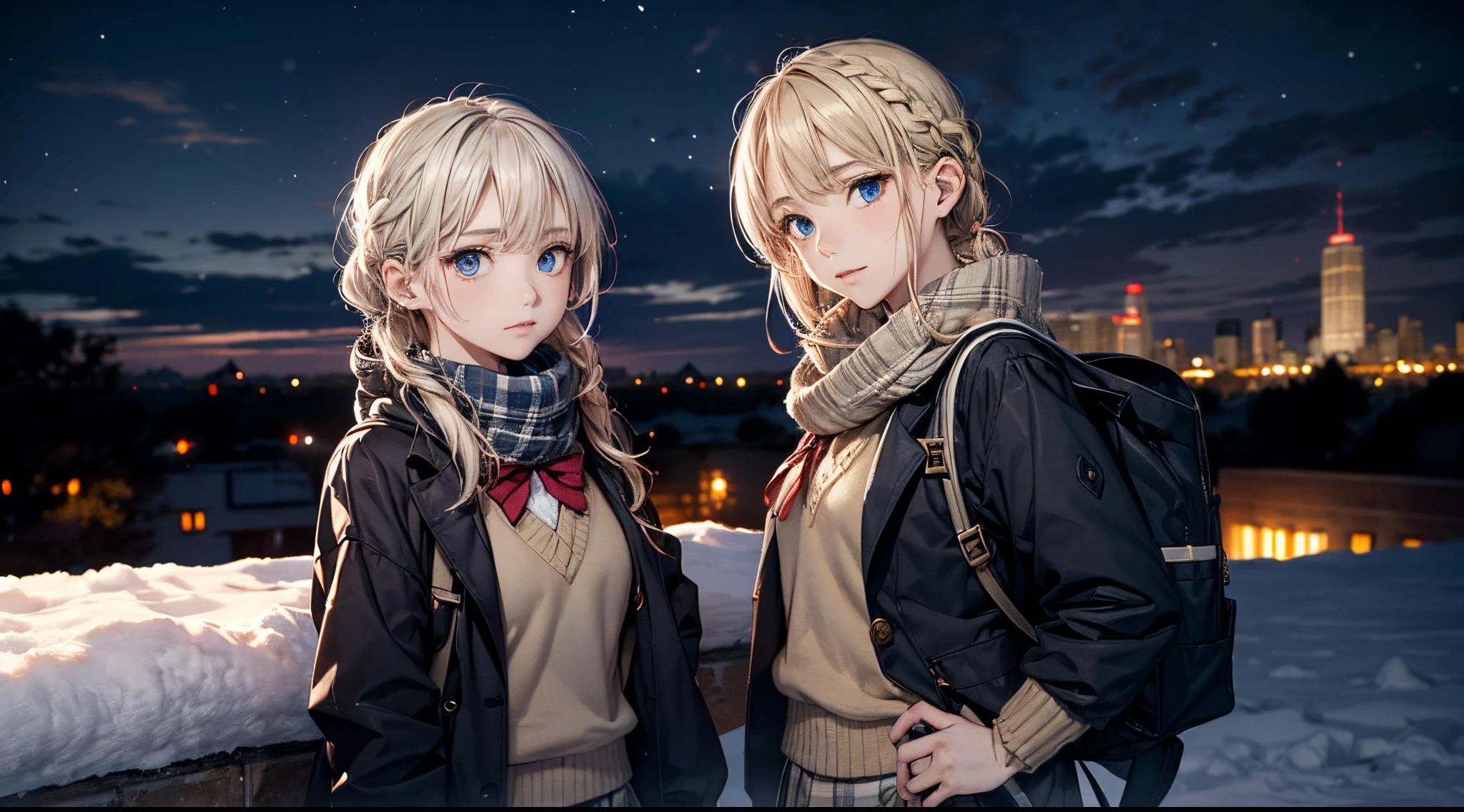 masutepiece,8K,octans, Skysky, stele(Skysky), landscapes, starrysky, natta, looks at the camera, piercing gaze, nigh sky, report, plein air, built, ​​clouds, milkyway, 城市, silhuette, Cityscape,(Short, Low twin-tailed blonde hair:1.2), (Deep Blue Eyes:1.iercing gaze, small smile, (winter school uniform:1.1)