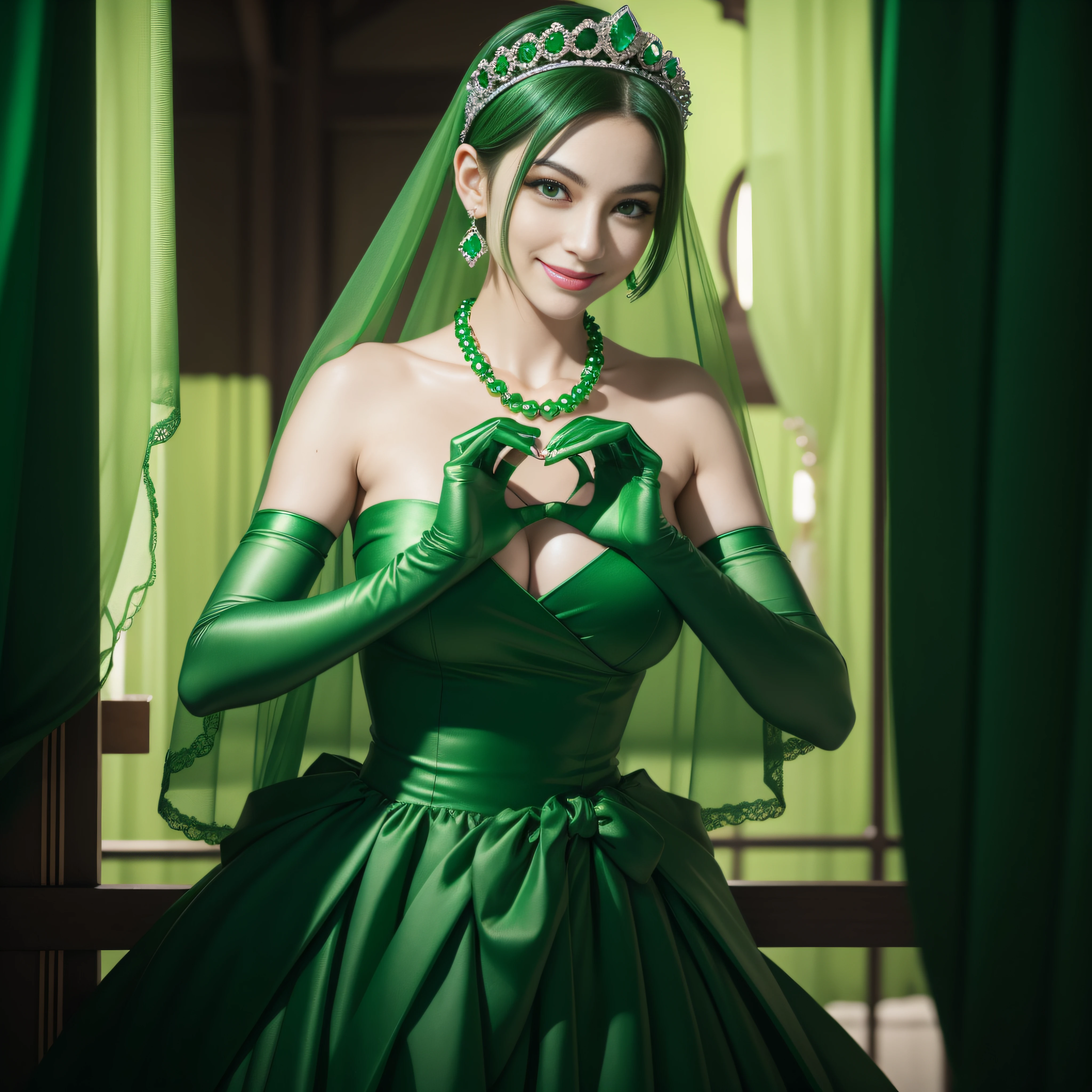 emerald tiara, Green Pearl Necklace, Boyish very short green hair, lipsticks, Japan woman smiling, very short short hair,  big breasts beautiful, Green eyes, Long green gloves made of satin material, Green eyes, Emerald Earrings, green vale, Heart with both hands