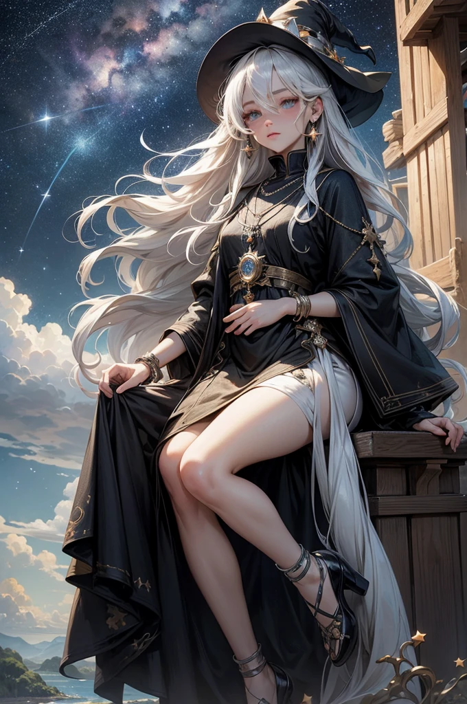 The hair between the eyes, The stars\(signatures\), Long white hair, bright eyes, Jewelry necklace earrings, witch woman, through banglack shoes, scenery, nearby sky, The stars\(sky sky), starry sky , natta, clouds, water magic, a girl in a shrine, beautiful silver crystal star)