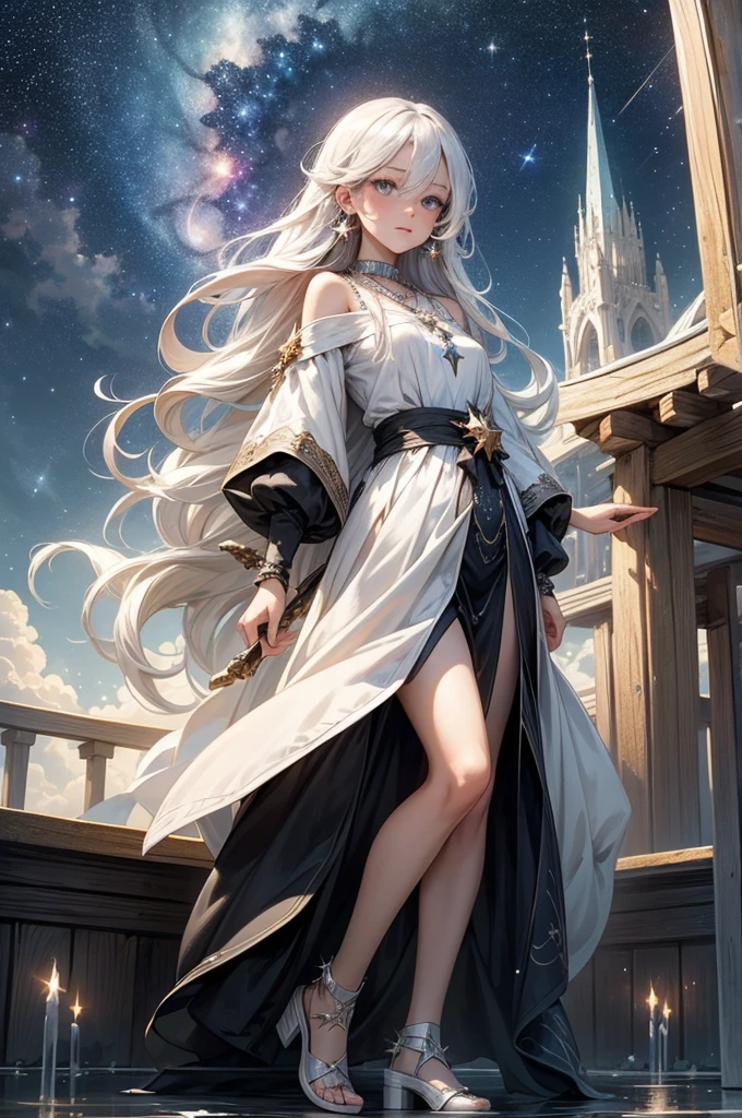 The hair between the eyes, The stars\(signatures\), Long white hair, bright eyes, Jewelry necklace earrings, witch woman, through banglack shoes, scenery, nearby sky, The stars\（sky sky）， starry sky , natta, clouds, water magic, a girl in a shrine, beautiful silver crystal star)
