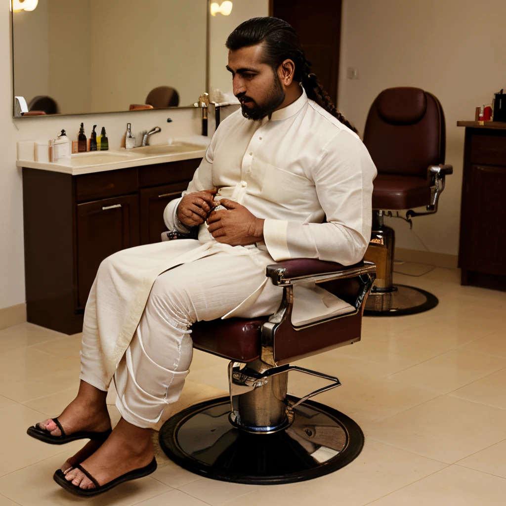 A handsome muslim barber grabbing the braid of a hindu woman tightly sitting on a barber chair