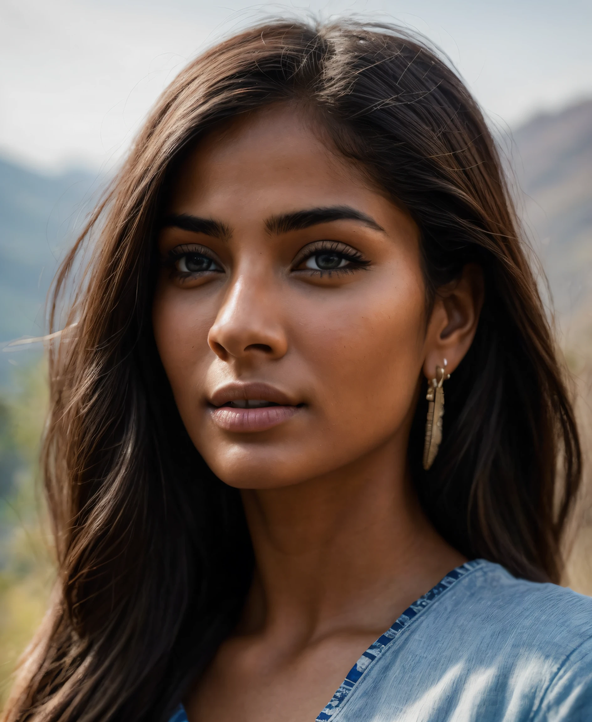 nly top half of body, 1 girl, a 27-year-old Indian woman model, absolute beauty, long hair, wearing only a zara t-shirt, ultra-realistic, hyper-realistic, ultra-detailed, hyper-detailed, 35mm F/28, hyper-detailed only tip of a woman, nice face, smile, aesthetic body, goddess, face focused, 8K, HD Crisp Upscale, realistic lying, RAW photography， best quality： 1.4, mountains on the background, Beautiful details eye, perfectly located, perfect eyes, average breasts, long hair, High-detailed, (best quality: 1.6), ((detailed face:1.2)), ((detailed facial featureinely detailed skin), masterpiece), (perfect proportion), (realistic photo), (best quality), (detailed), photographed on a Canon EOS R5, 50mm lens, F/2.8, HDR, (cinematic lighting), (dramatic lighting), (sharp focus), (intricate), fashion, realistic skin texture, POV, by Lee Jeffries, film stock photograph, 4 Kodak Portra 400, camera f1.6 lens, rich colors, ultra-realistic, hyper-realistic, ultra-detailed, hyper-detailed