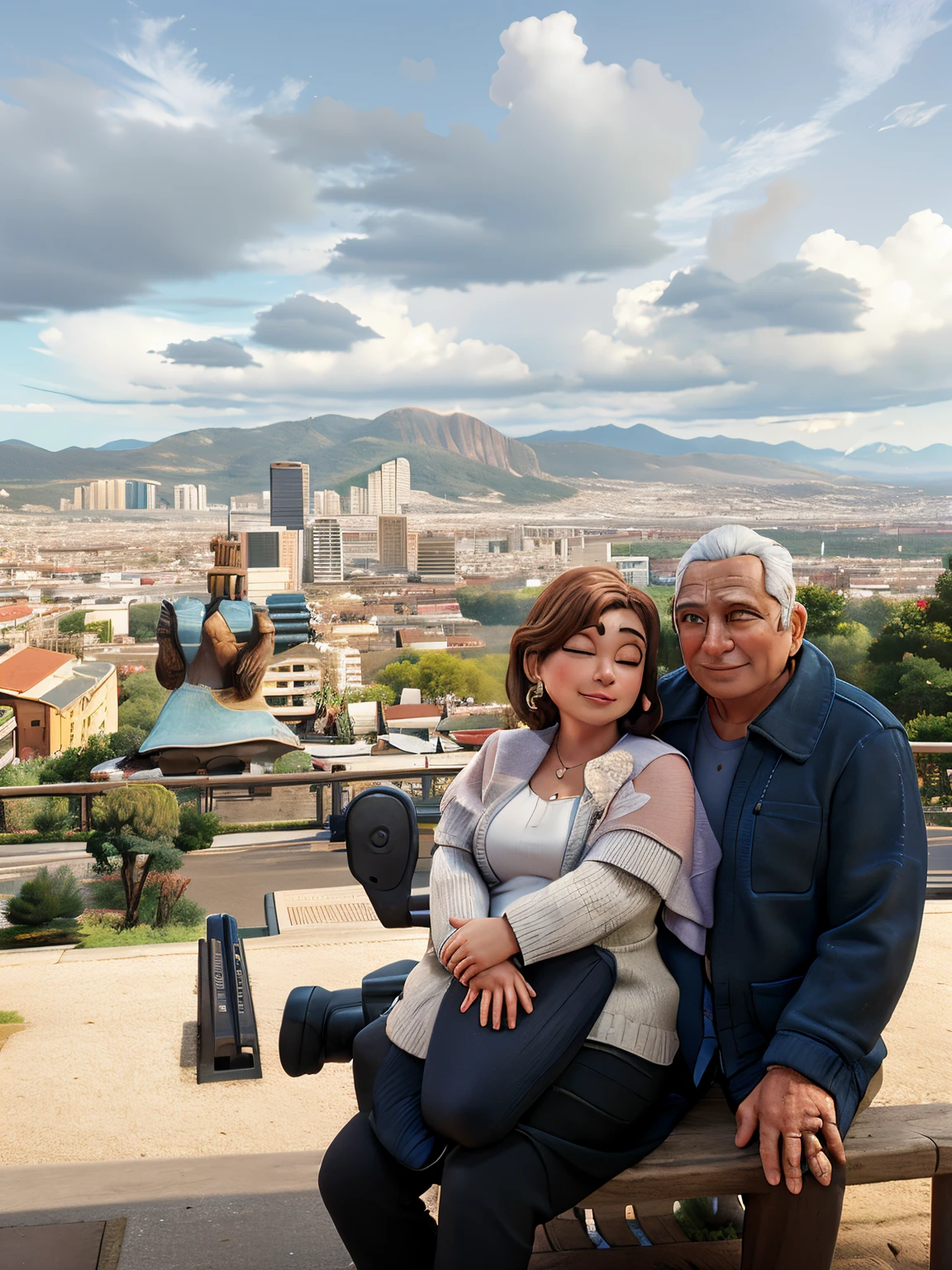 there are two people sitting on a bench in front of a city, in barcelona, with a city in the background, city in the background, city in background, momma and papa, with mountains in the background, view from the top, vacation photo, with mountains in background, in spain, great view, park in background, with a park in the background