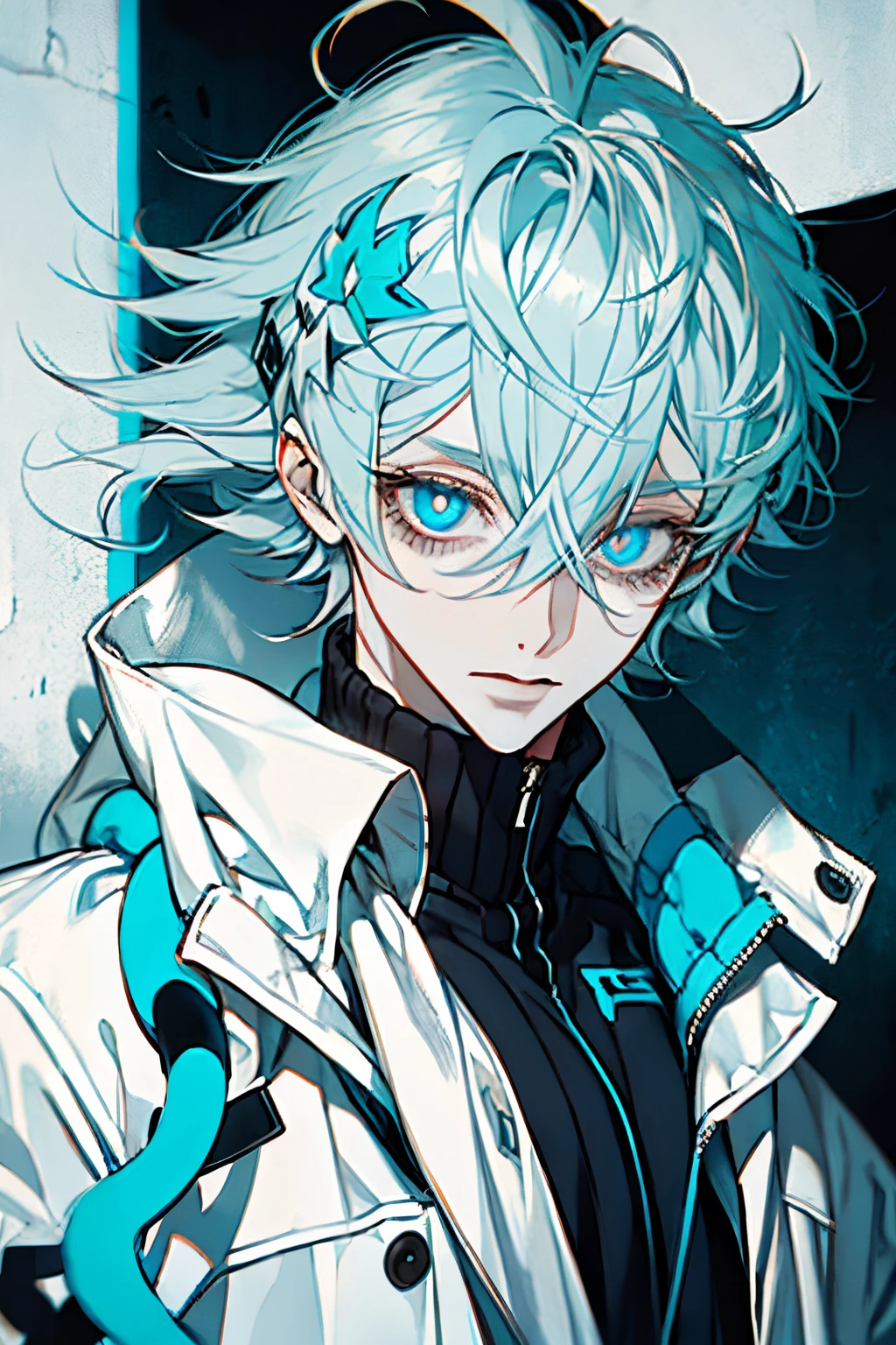 Boy with snake eye, blue and white mix hair, messy hair, (eyes:1.5)