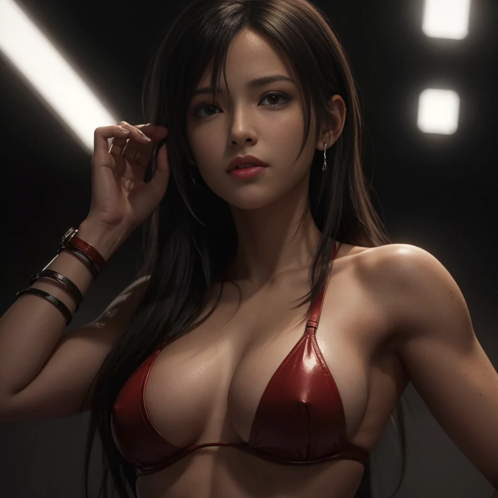 (best quality,ultra-detalhado),(Realistic:1.37),Tifa Lockhart, Rosto bonito e detalhado, maquiagem preta nos olhos, textura ultra realista, rosto delicado, corpo delicado, Fit physique, usando batom e brilho labial, batom vermelho, labios sensuais e olhar sensual