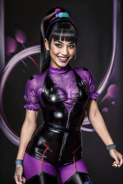 (masterpiece,best quality,ultra detailed,4k portrait:1.5),She is wearing a black and purple bodysuit, dressed like a clown, crazy smile, dark Asian hair in a ponytail, stylish costume in cold colors, flexible body, full body shot.