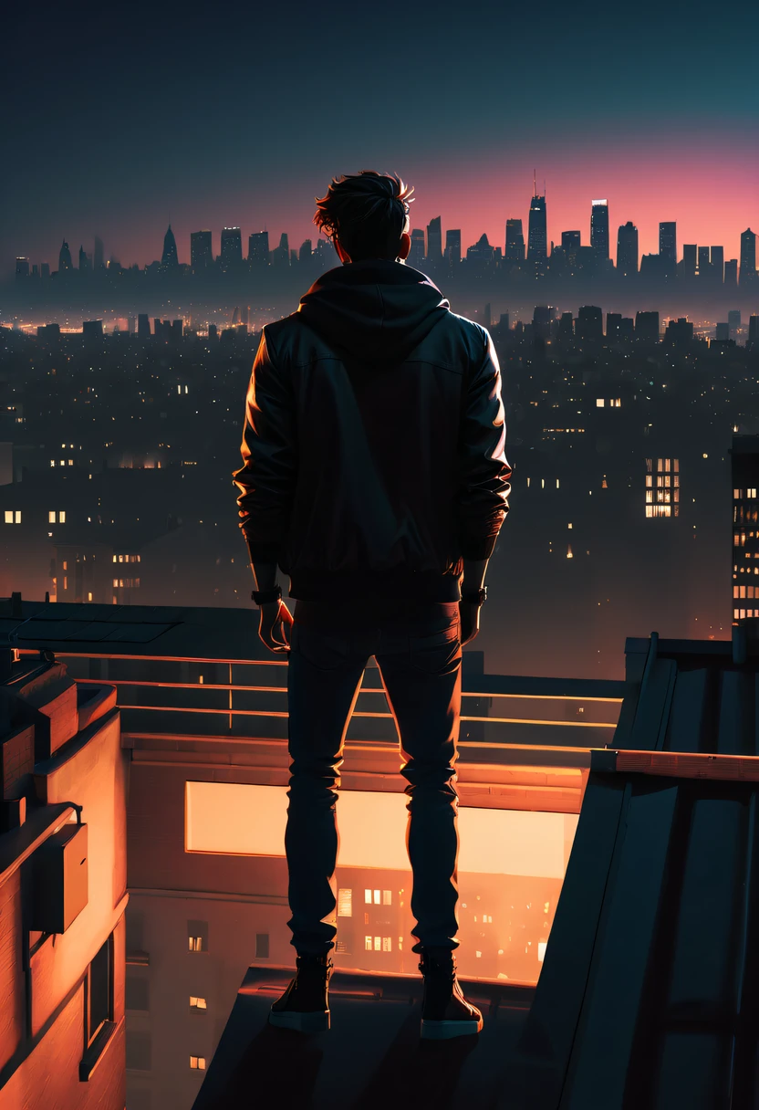 (GTA STYLE:1.5)，city night， on a rooftop，lonely and brave person