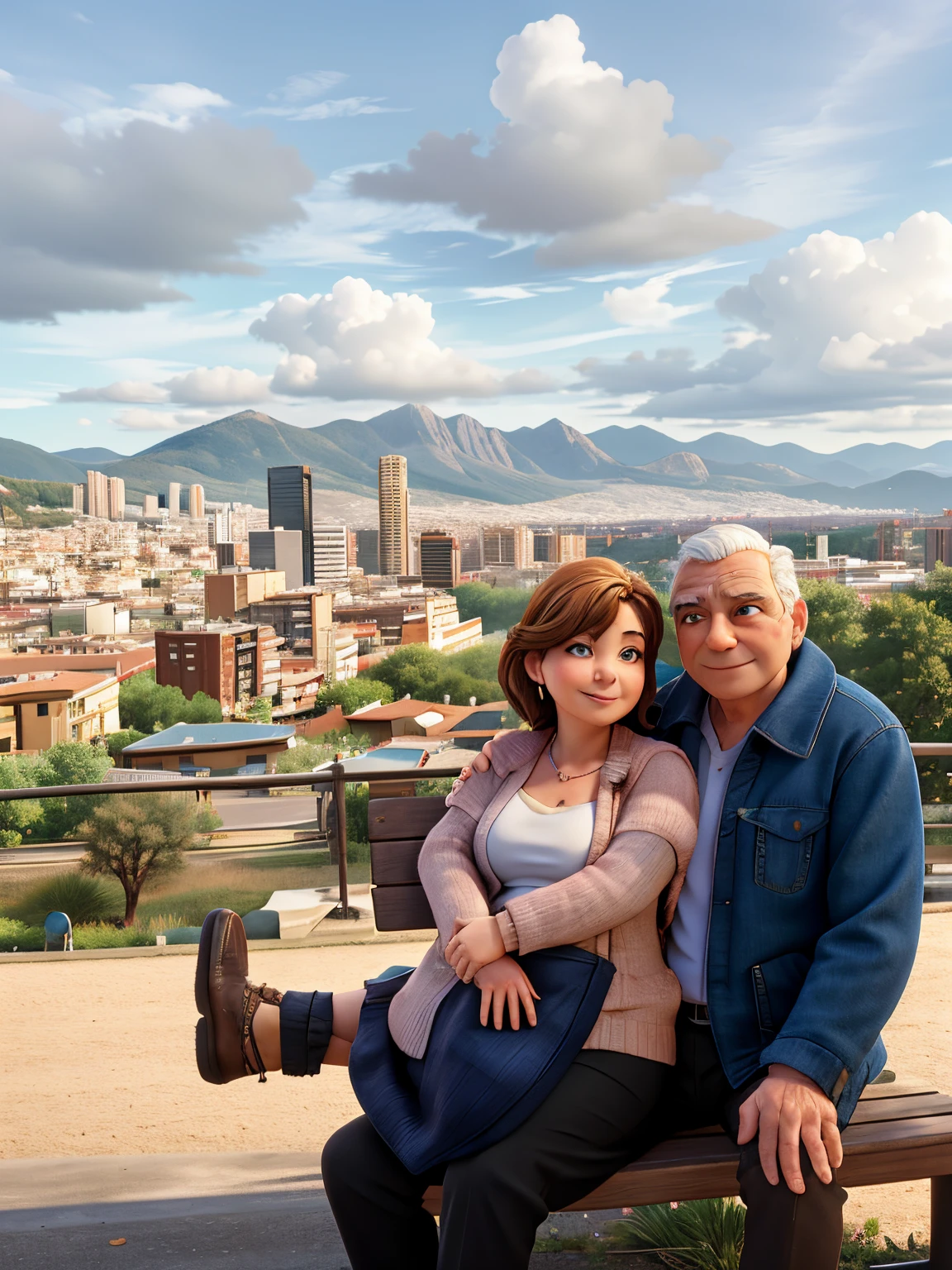 there are two people sitting on a bench in front of a city, in barcelona, with a city in the background, city in the background, city in background, momma and papa, with mountains in the background, view from the top, vacation photo, with mountains in background, in spain, great view, park in background, with a park in the background