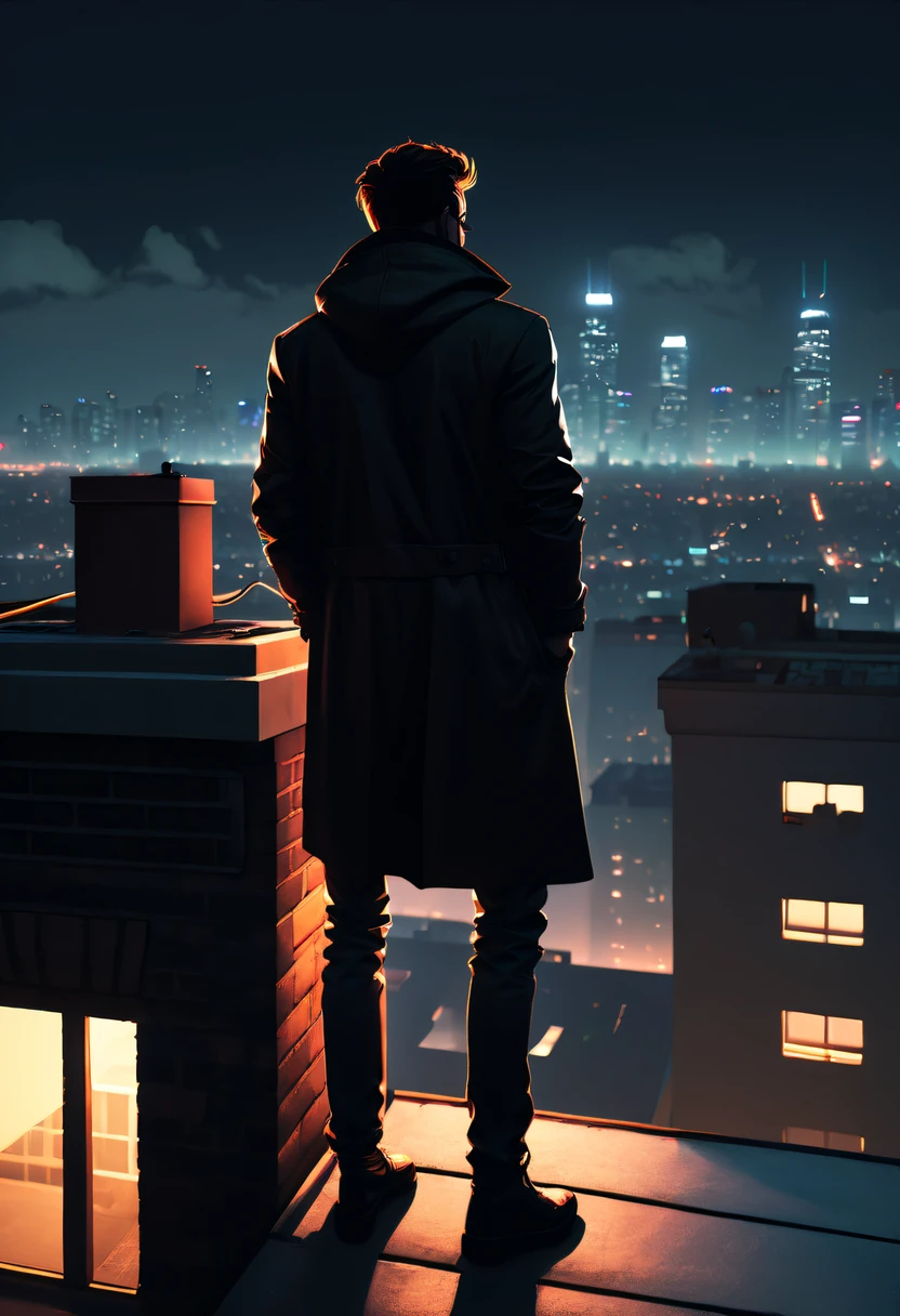 (GTA STYLE:1.5)，city night， on a rooftop，lonely and brave person