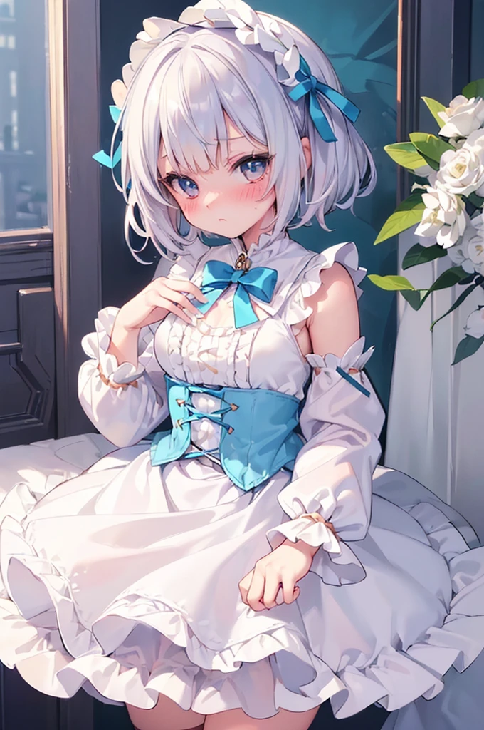 (Masterpiece, Slim Body, Delicate Fingers: 1.2), Best Quality, (Illustration: 1.2), (Hyper Detail), Eye Focus, Ultra Detail, (Fine Detail), (Intricate Detail), HDR, (Ultra Detail: 1.15), (Soft Light: 1.2), 1girl, ((ouji_ta:1.5), (short white skirt: 1.5), (costume with blue accents:1.2), (long sleeve shirt), (White hair and blue highlights),cyan eyes, medium, short hair, solo, (medium breasts:1.2), masterpiece, (blushing:1.3), best quality, highly detailed, (loli), fullbody image