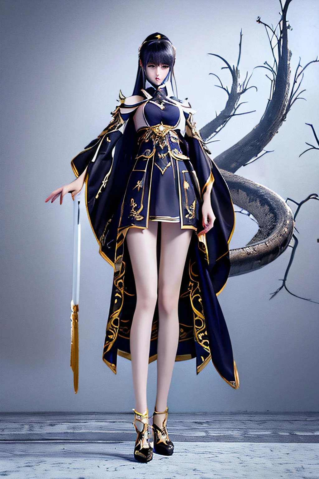 High and high, The expression cold, Long black hair tied into a ponytail, Colossal tits, Sexy long legs, Chinese antique white ornate clothing, Fantasy costumes, Antique white long shoes, Holding a cold weapon white gun, There a dragon on the gun, fully body photo, Background Chinese Oriental Fantasy World, brunette color hair, face expressionless, style of anime, hyper HD, hyper HD
