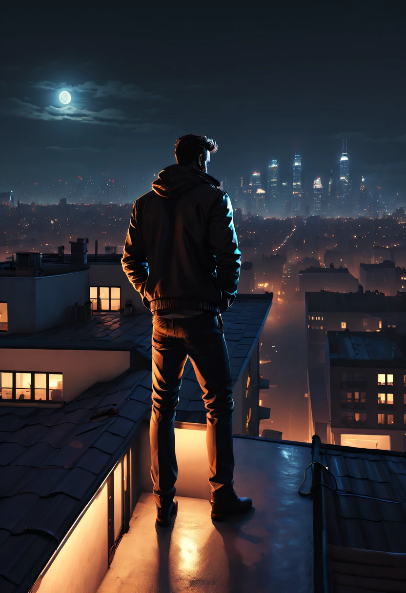 (GTA STYLE:1.5)，city night， on a rooftop，Lonely and brave people