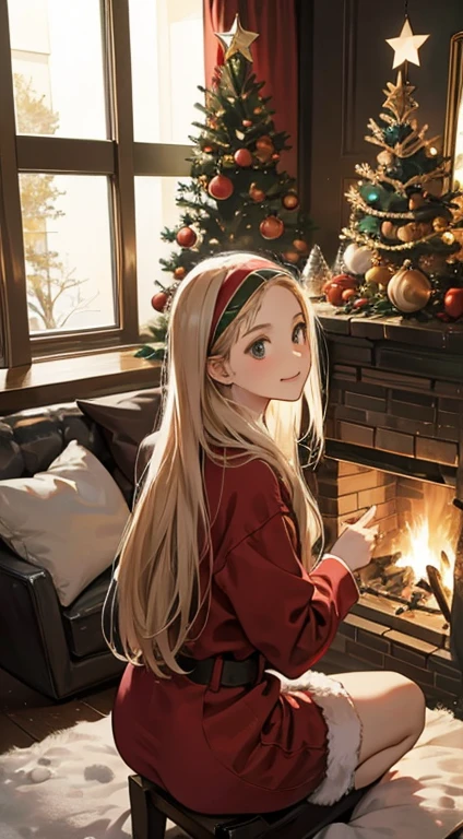 draw a christmas gathering around a fireplace with gifts and a christmas tree, friends, people, cozy, snow
