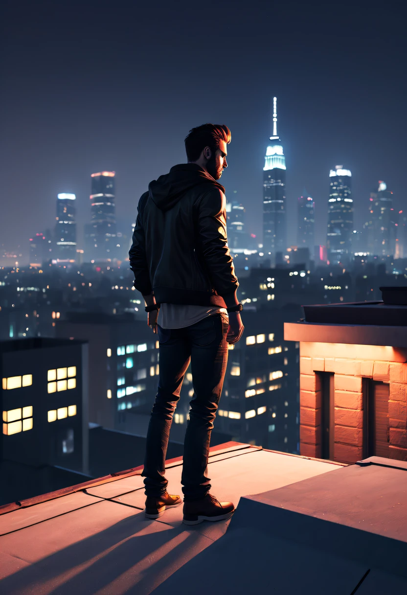 (GTA STYLE:1.5)，city night， on a rooftop，lonely and brave person