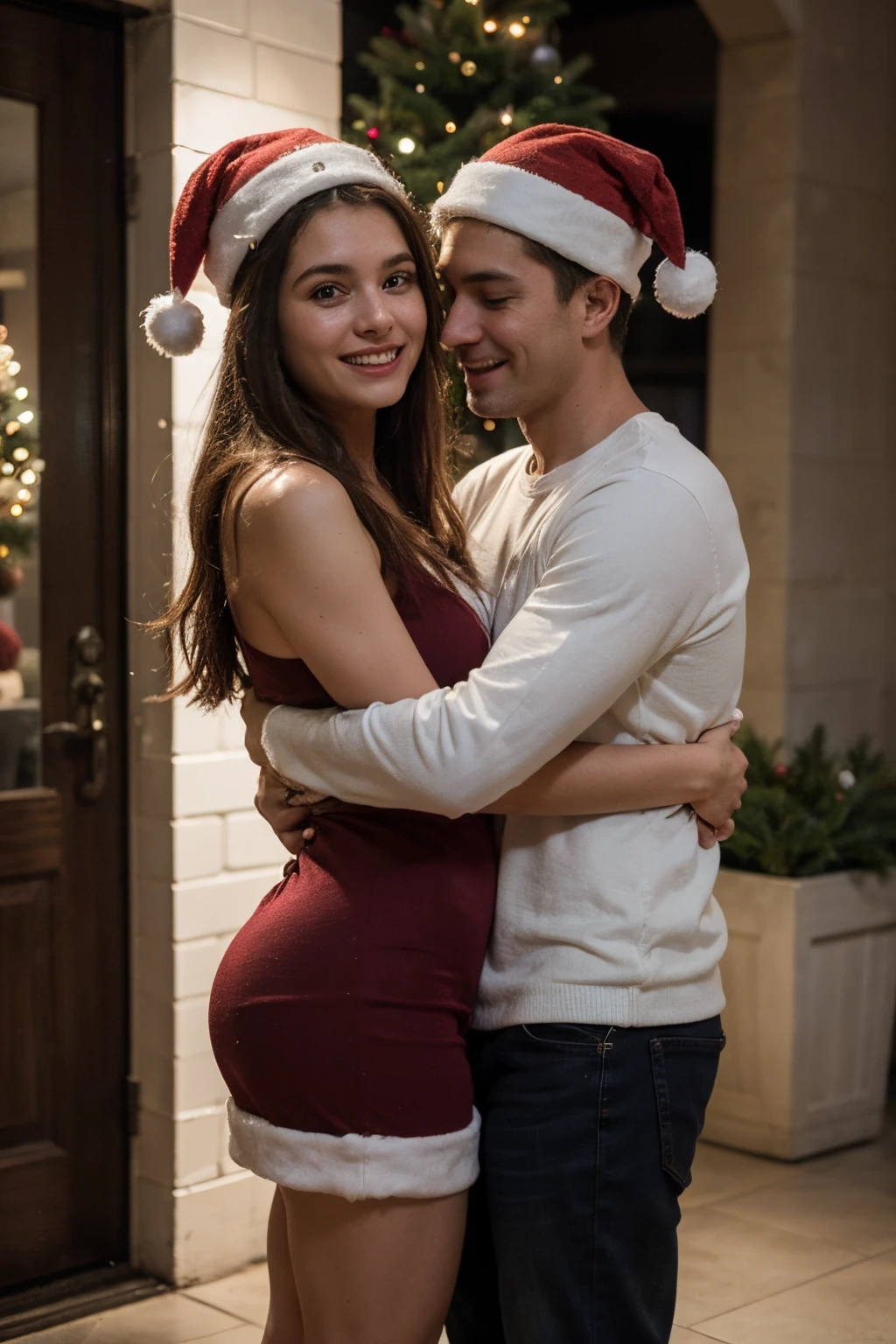 A realistic image of a couple celebrating Christmas together,Christmas theme,Christmas hat,Christmas themed background, detailed,realistic,a boy and a girl,front facing view.hugging