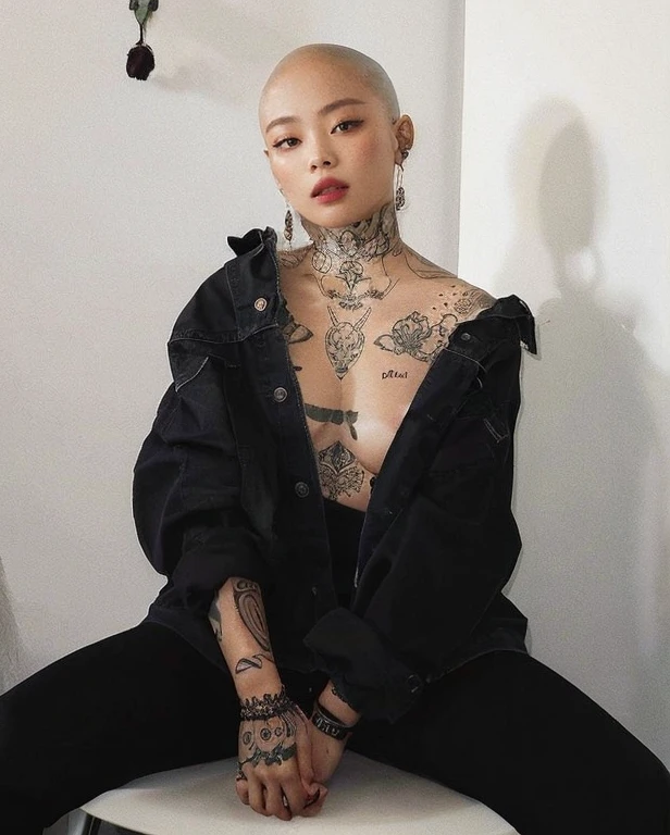 mulher arafiada com tatuagens sentada em um banquinho em uma sala, com tatuagens, Coberto, Tatuado, de menina taiwanesa com tatuagens, asian nymph bald goddess, tatuagens por toda a pele, gemma chen, tatuagens de corpo inteiro, tatuagens de corpo inteiro, she's wearing streetwear, androgynous, Estilo de tatuagem, tatuagem, mulher no streetwear, Tatuagens